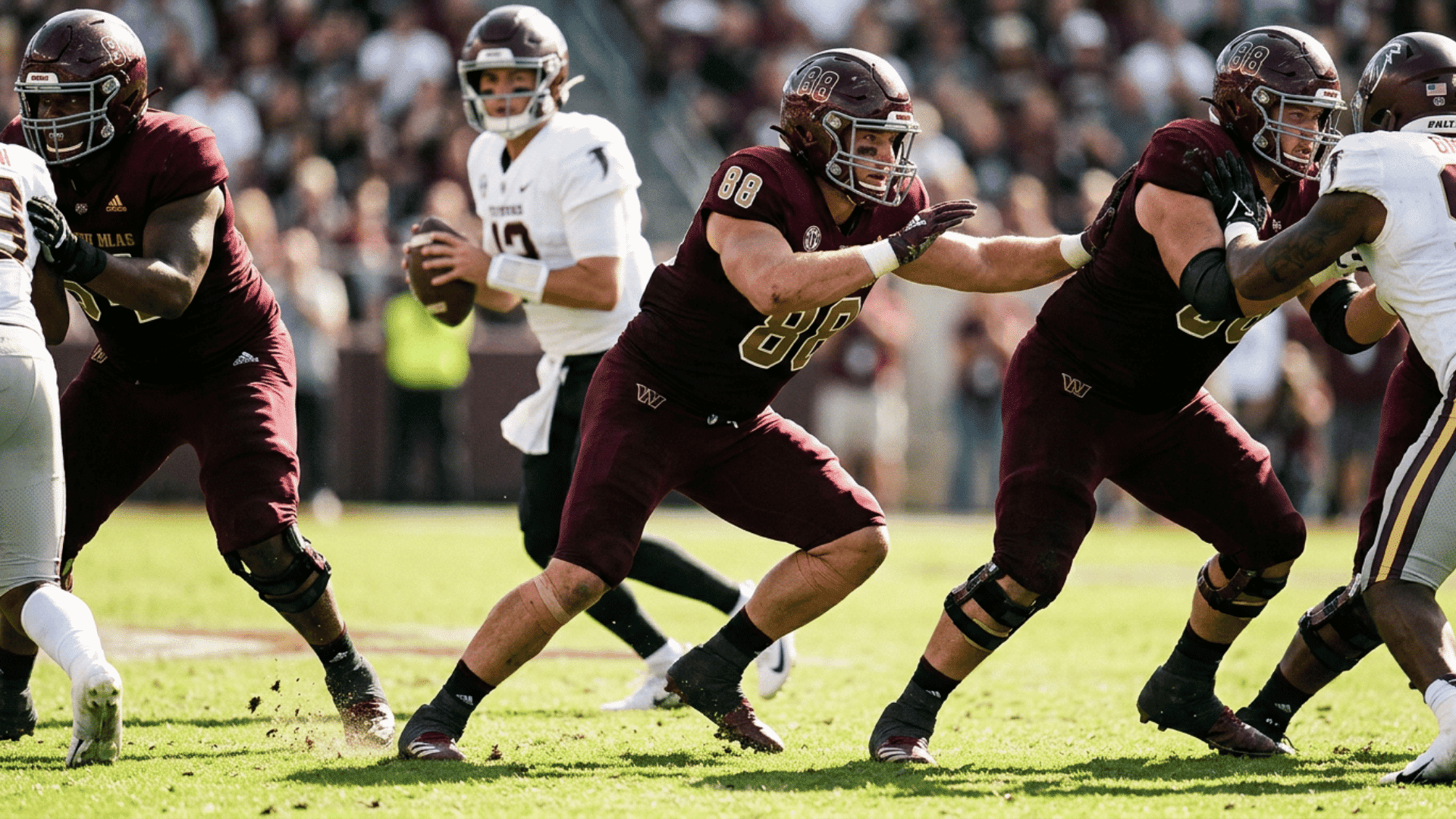 realistic photo of blocking tight end in run blocking stance creating lanes and protecting quarterback signaling run play