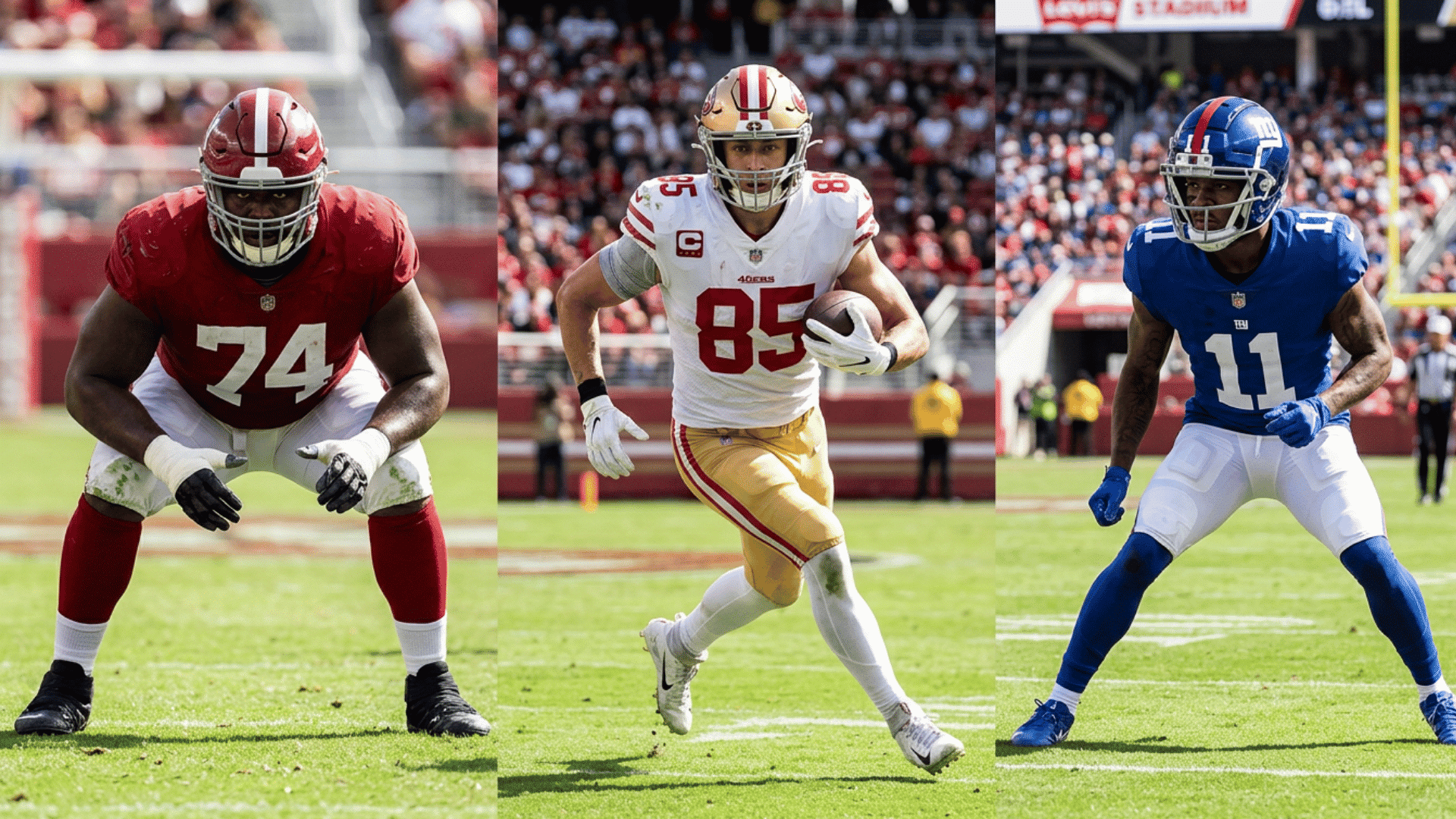 realistic sports collage showing offensive lineman tight end and wide receiver side by side on nfl field highlighting tight end as hybrid position between blocker and receiver