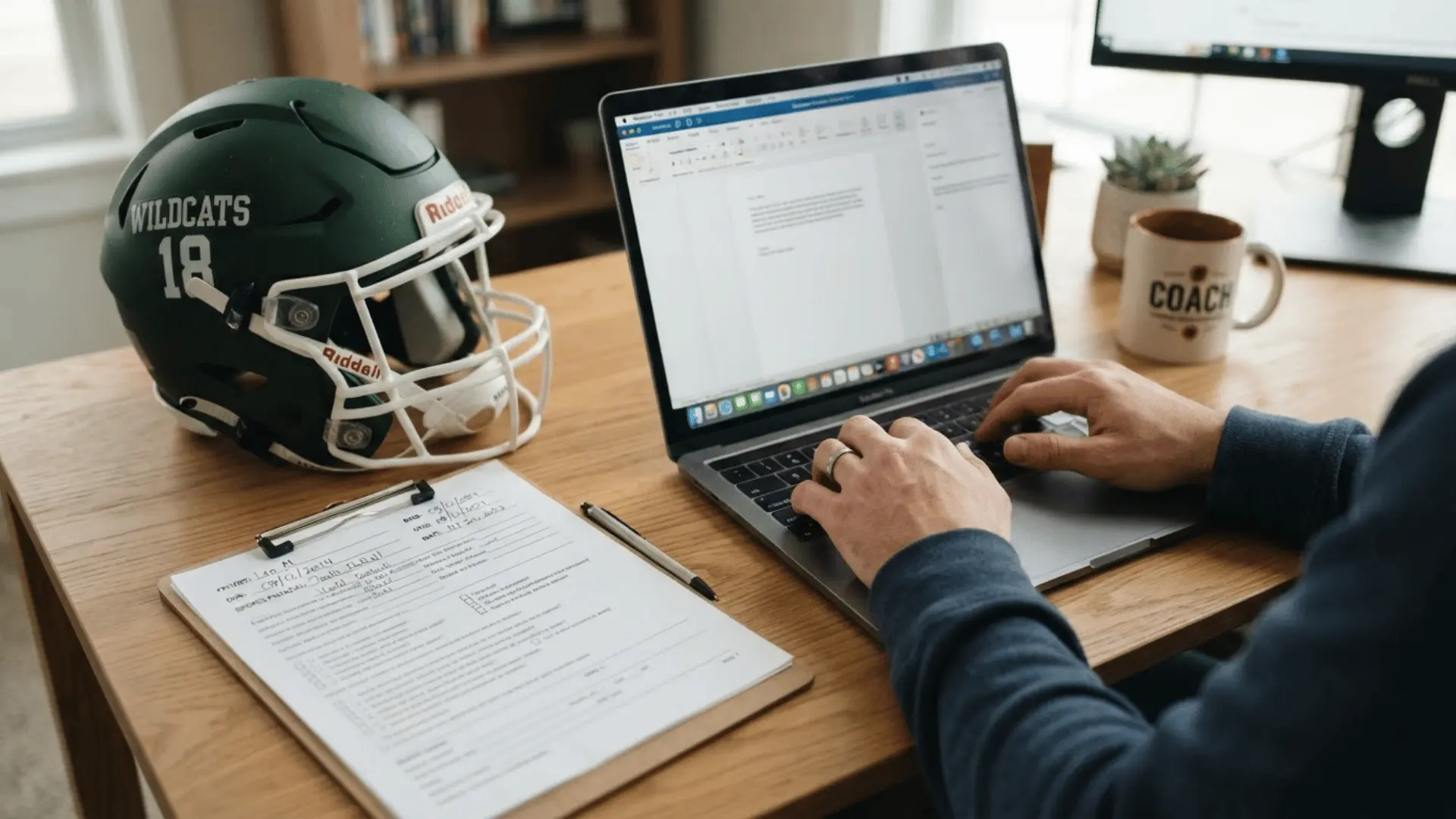 hands typing on laptop next to printed medical form and standard youth football helmet