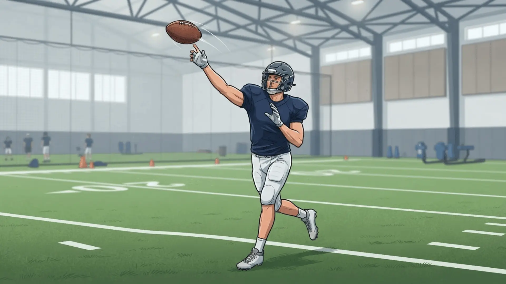 a football player reaches up to balance a spinning football on one finger during indoor practice
