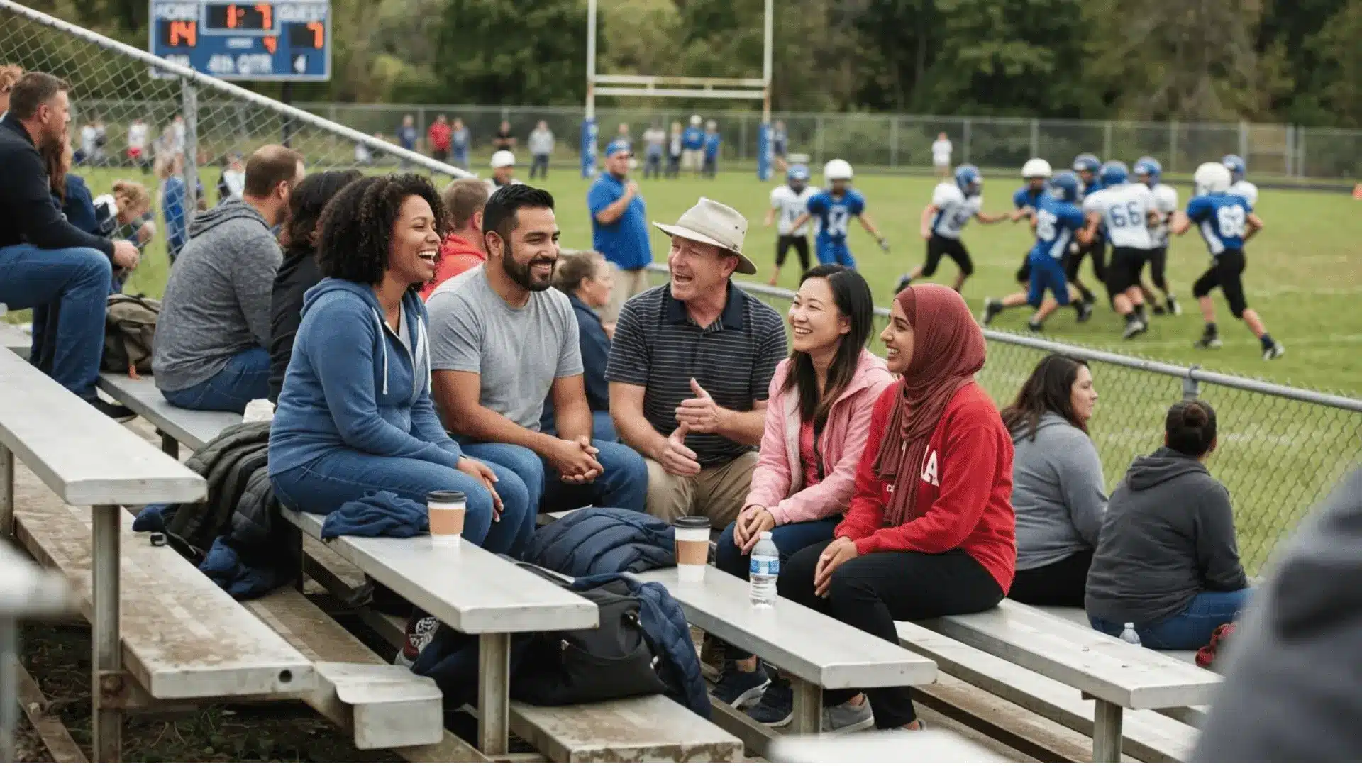 parents sitting on local bleachers talking while watching kids play youth football