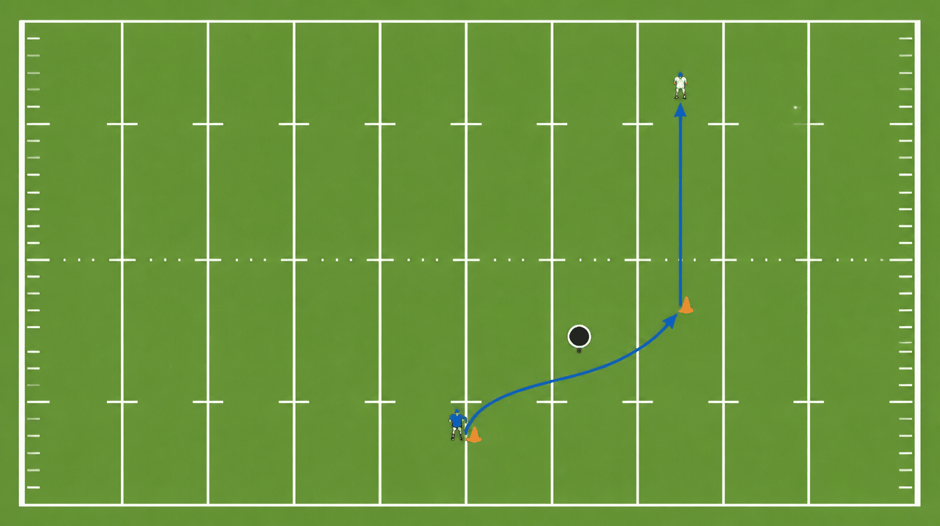 young quarterback rolling out between cones and passing to a receiver downfield