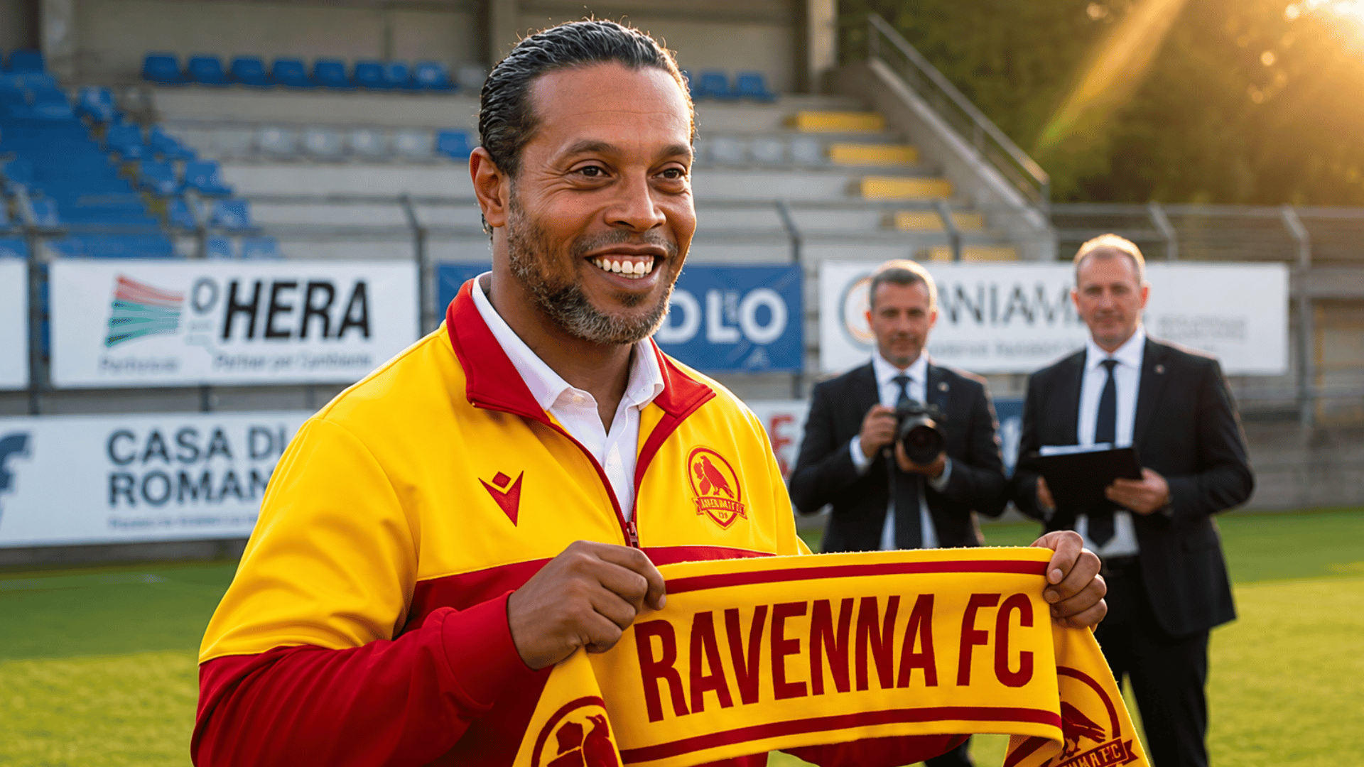 ronaldinho holding a ravenna fc scarf during a football club presentation at a stadium event