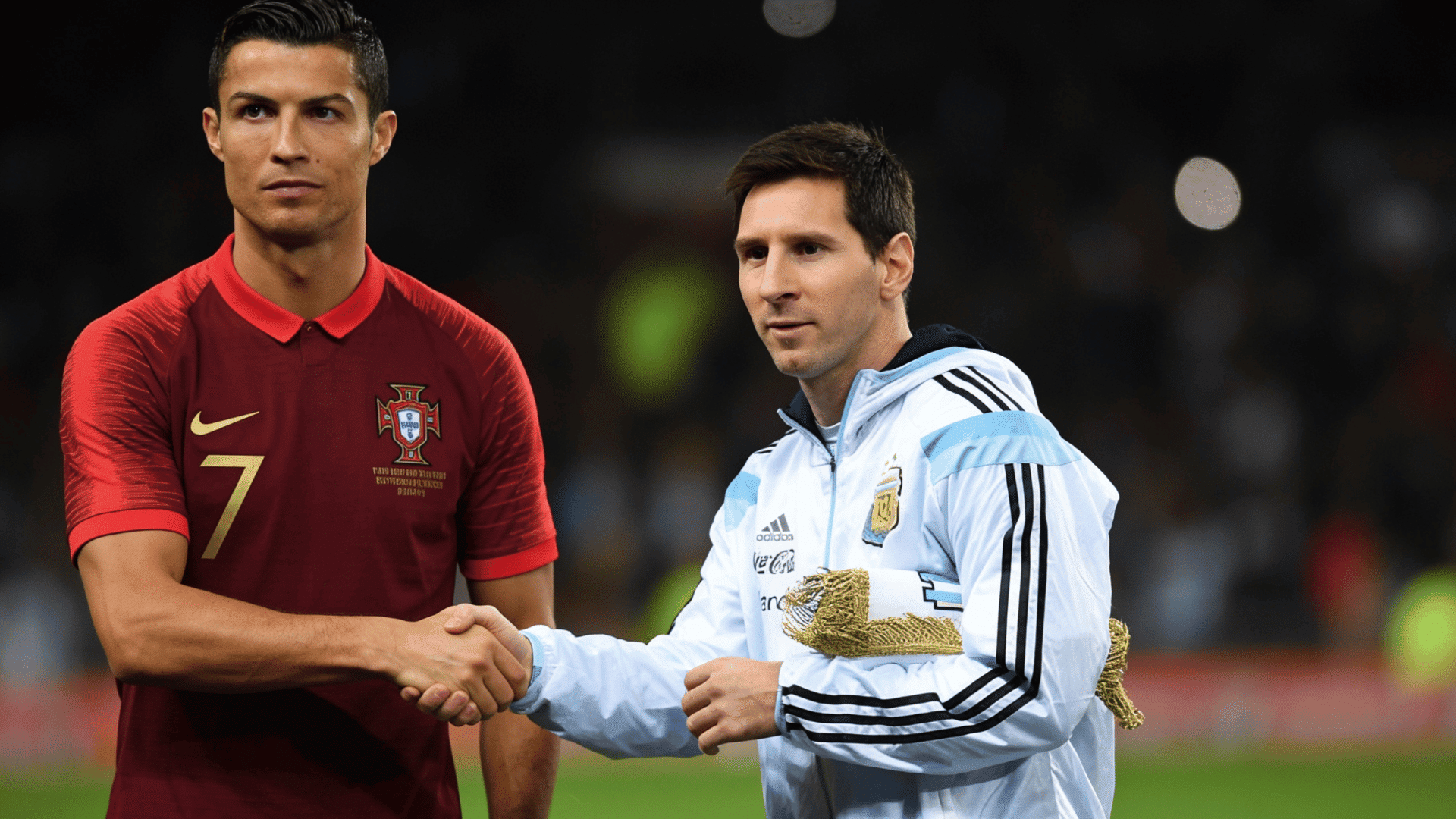 ronaldo and messi shaking hands in portugal and argentina jerseys before a soccer match