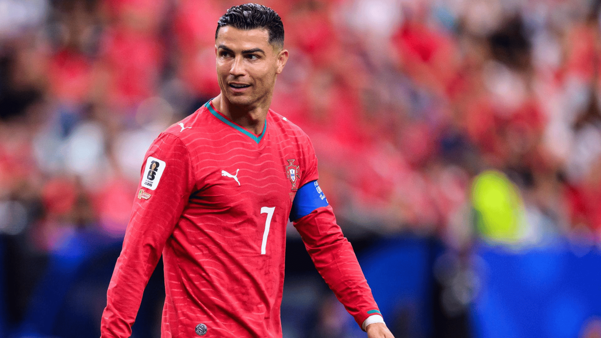 ronaldo in his portugal jersey at the twenty twenty six fifa world cup and his captain arm band