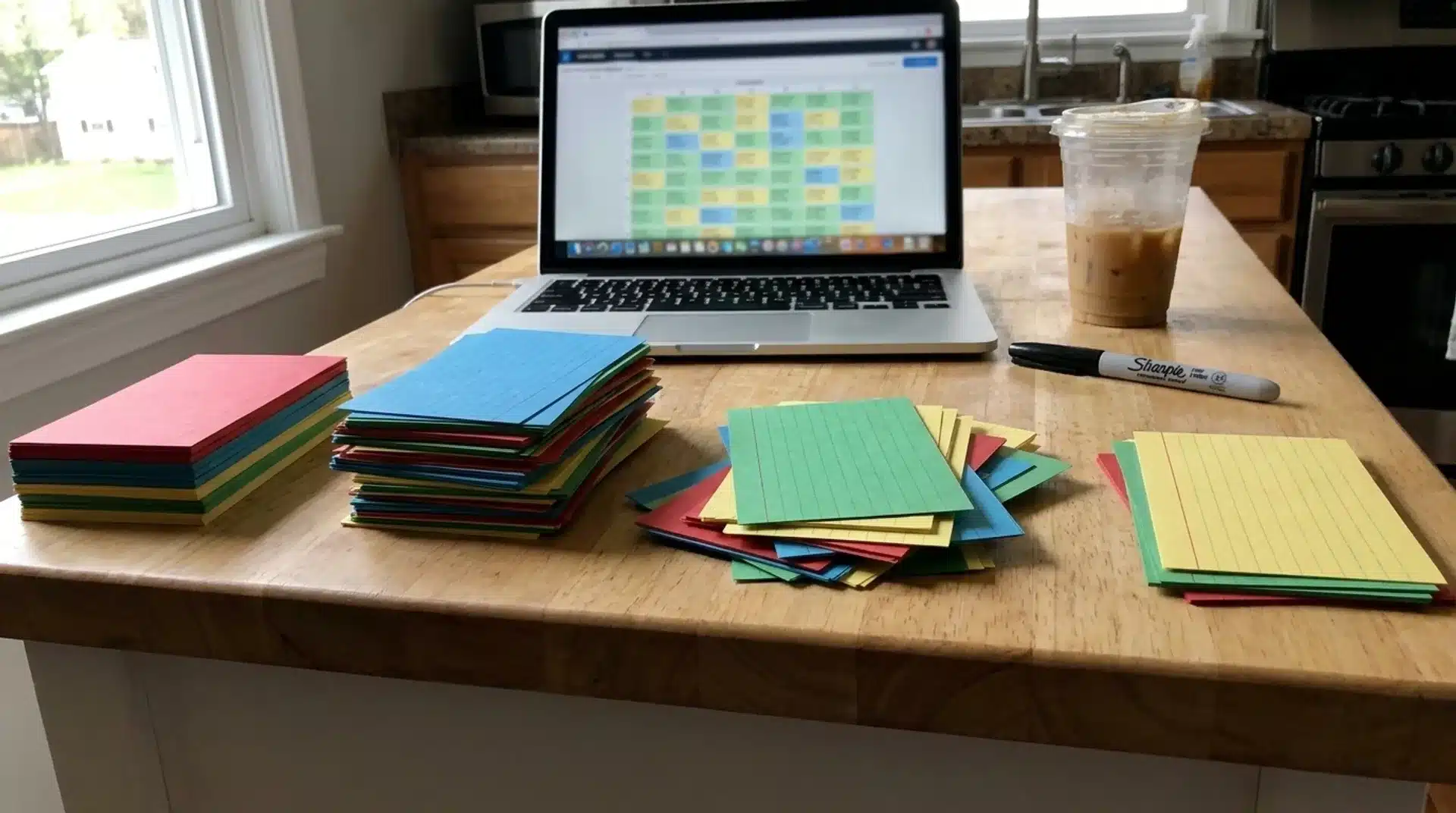 fantasy football draft planning with color coded cards laptop draft board marker and iced coffee on a kitchen counter