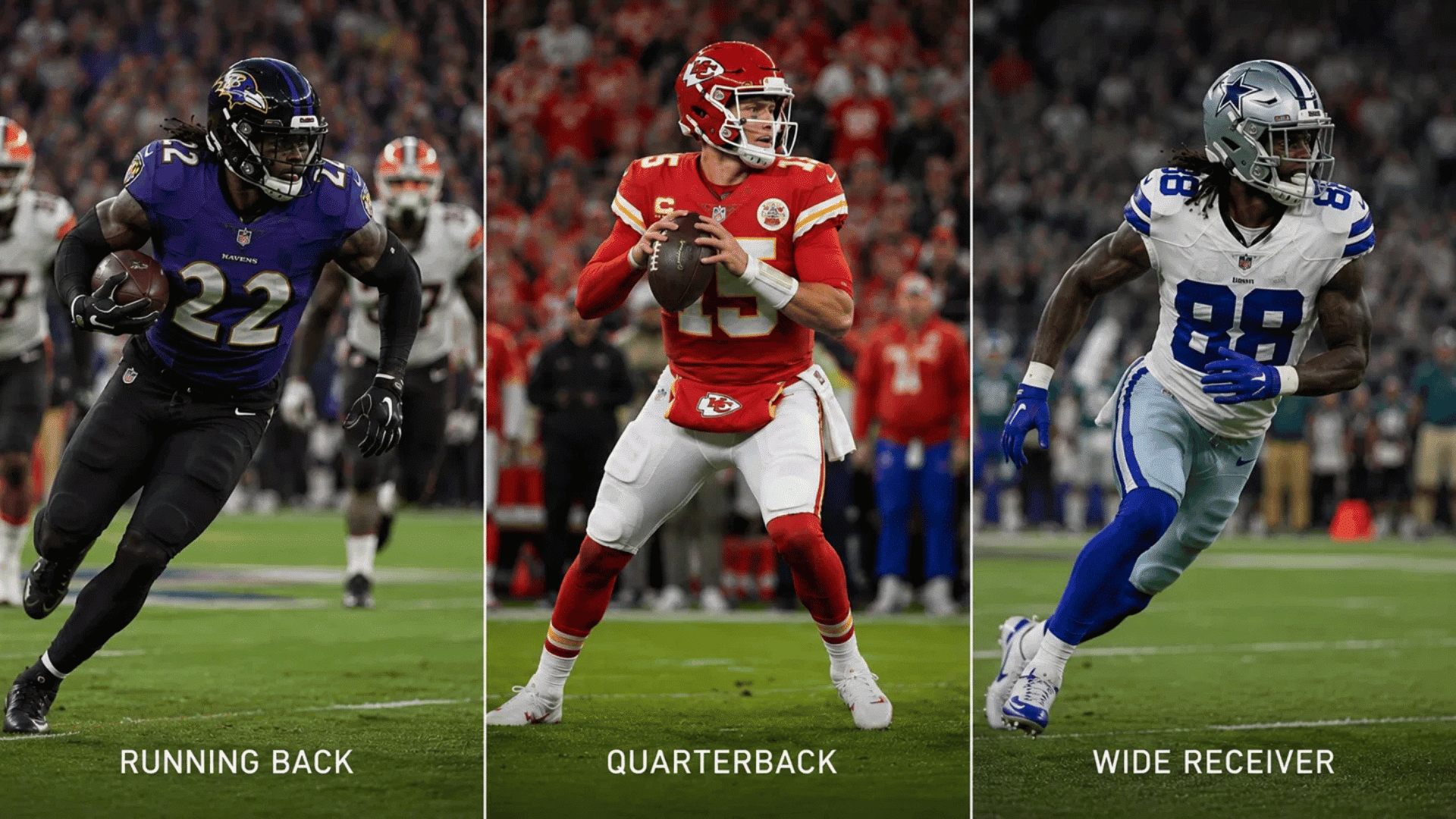running back quarterback and wide receiver nfl positions shown side by side in game action