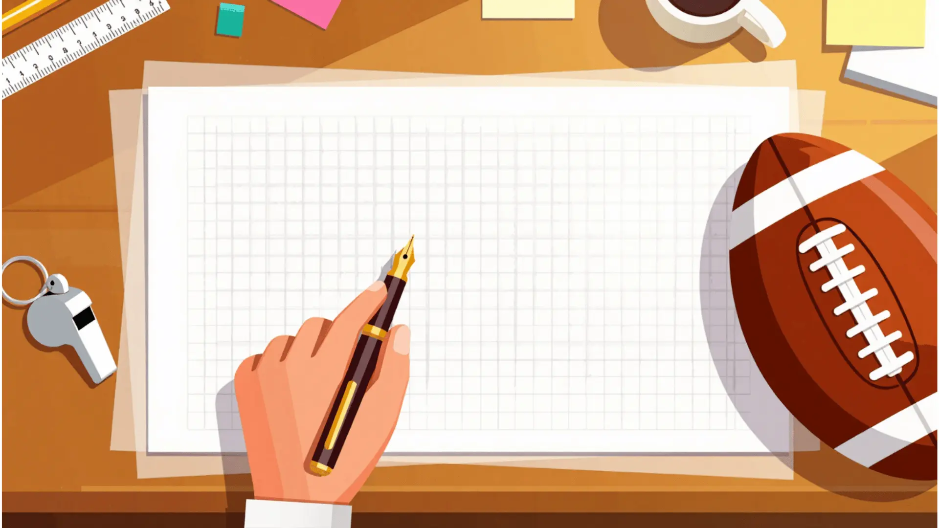 colorful vector illustration of a hand with a pen over a blank grid next to an american football and whistle