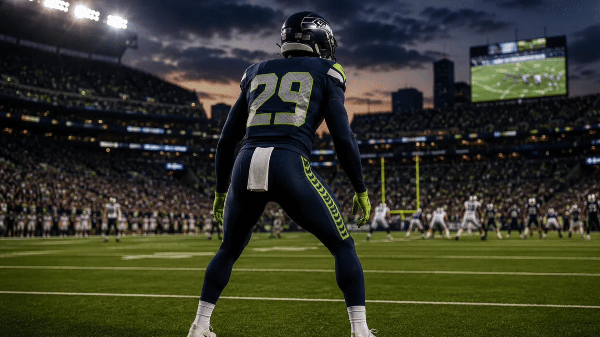 seahawks free safety number 29 surveying the field from the end zone at dusk