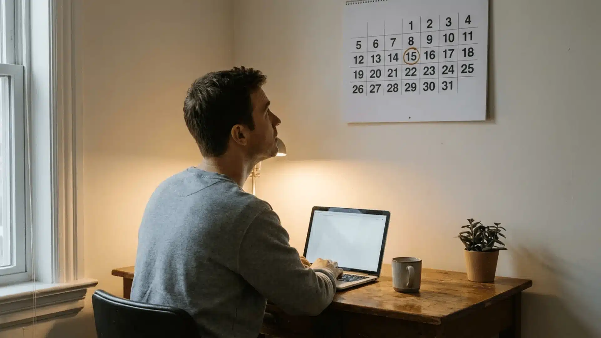 man staring at a calendar before setting the fantasy football draft date on a laptop