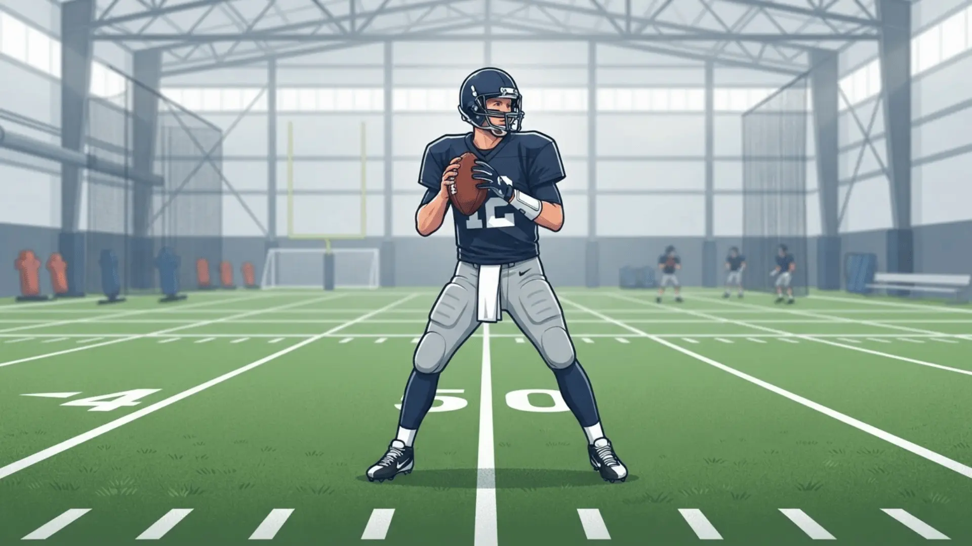 a football player in navy gear stands at midfield holding the ball and looking for a pass indoors