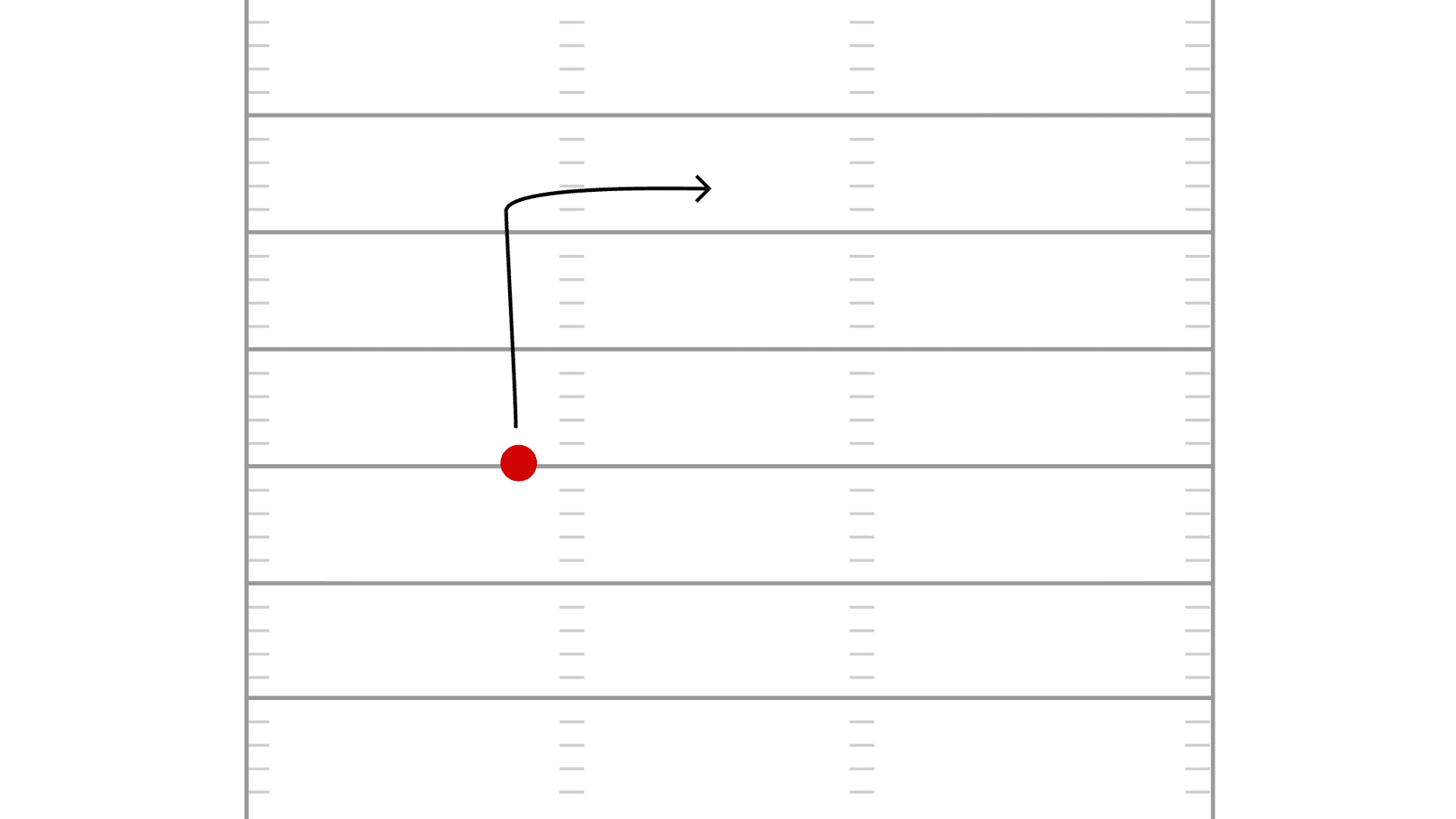 simple football play diagram showing a red dot moving straight then cutting right