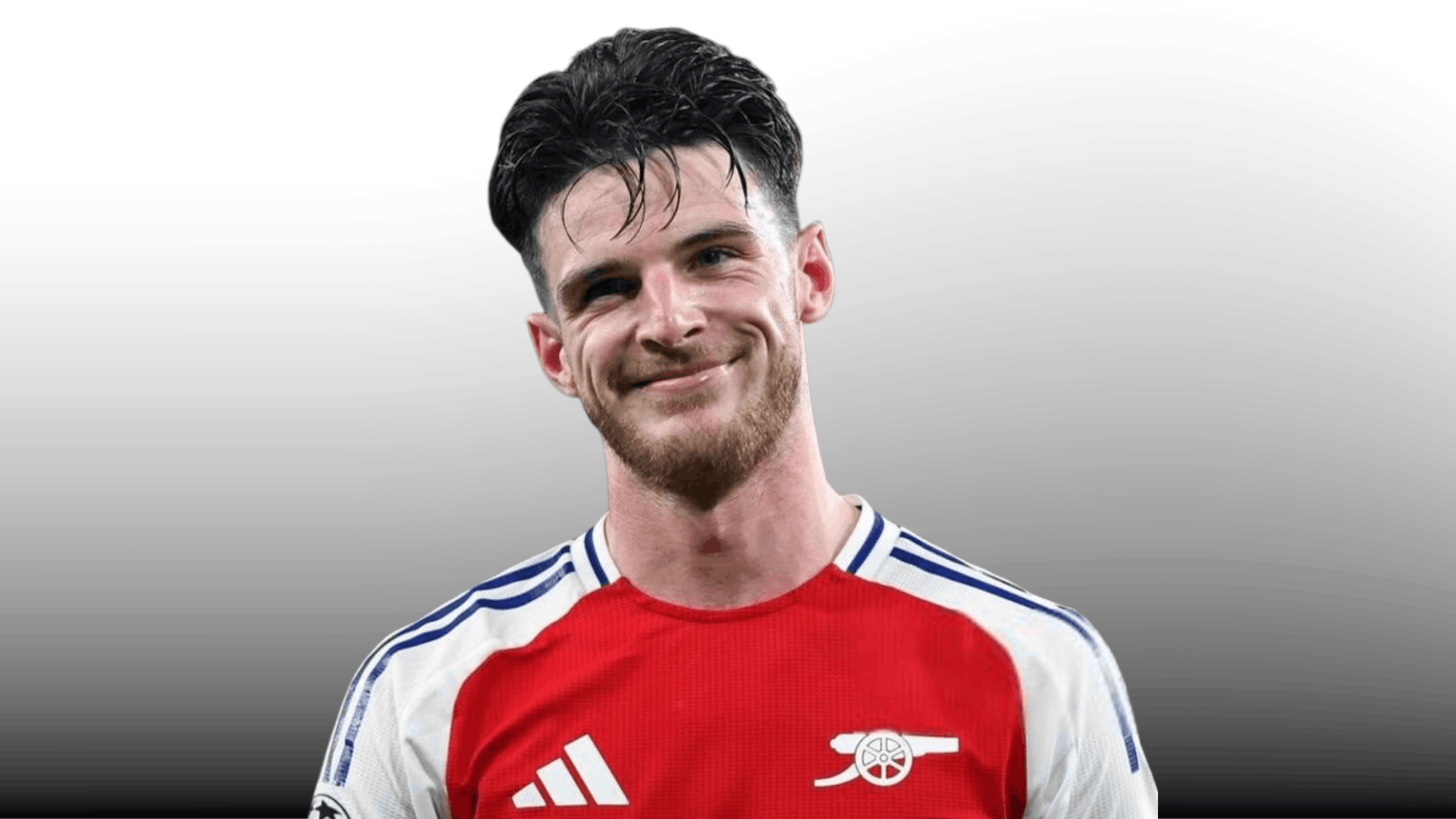 smiling soccer player with wet textured fringe haircut wearing red and white jersey on gray background