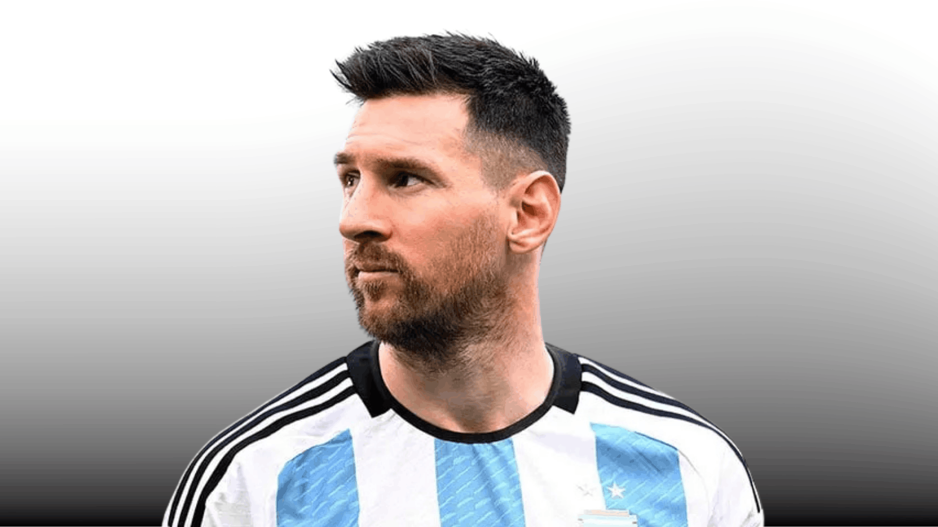 soccer player with short textured fade haircut wearing blue and white striped jersey on gray background