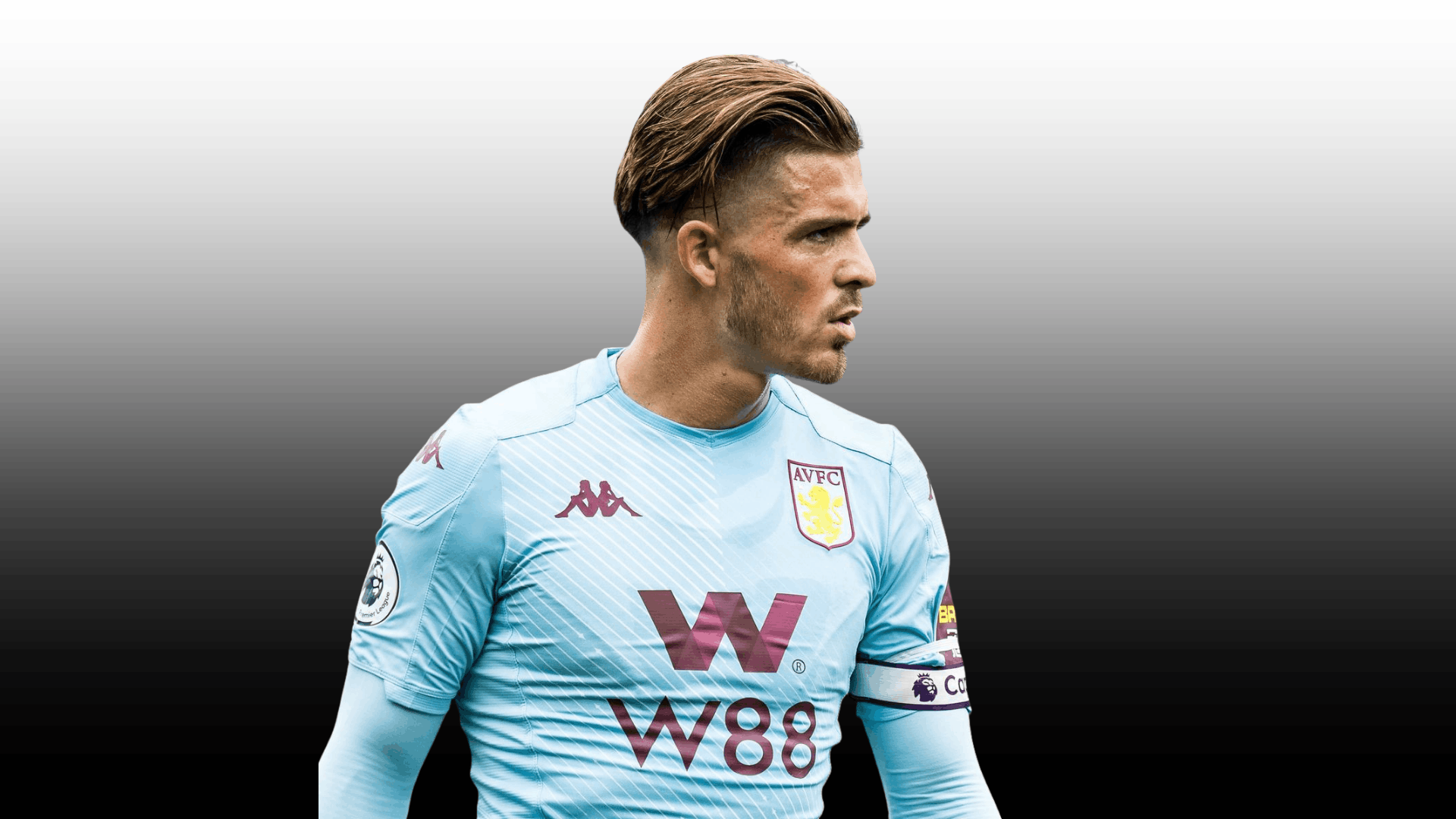 soccer player with swept back undercut hairstyle wearing light blue jersey against dark gradient background