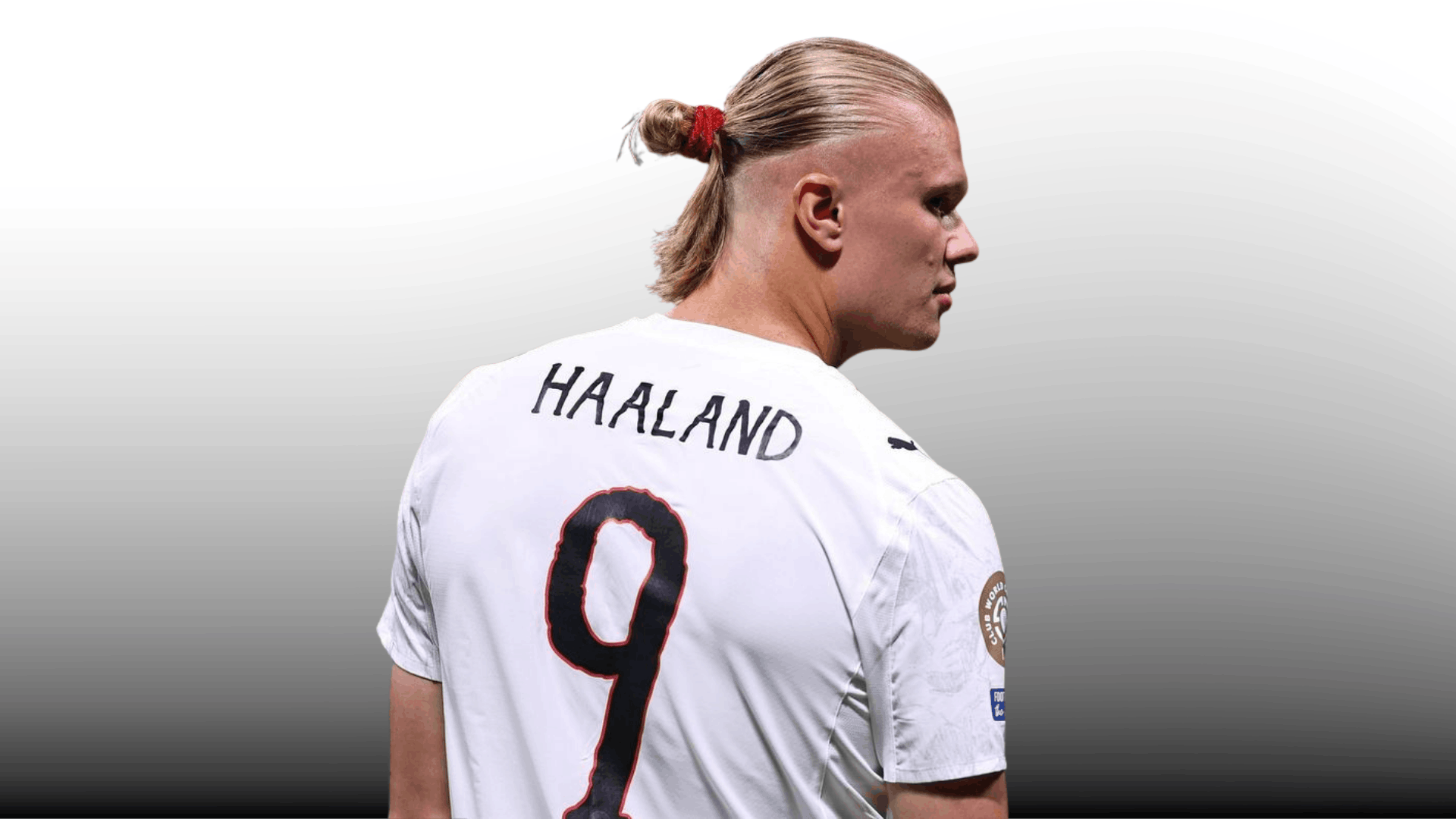 soccer player with tied blond man bun hairstyle wearing white jersey from back on gray background