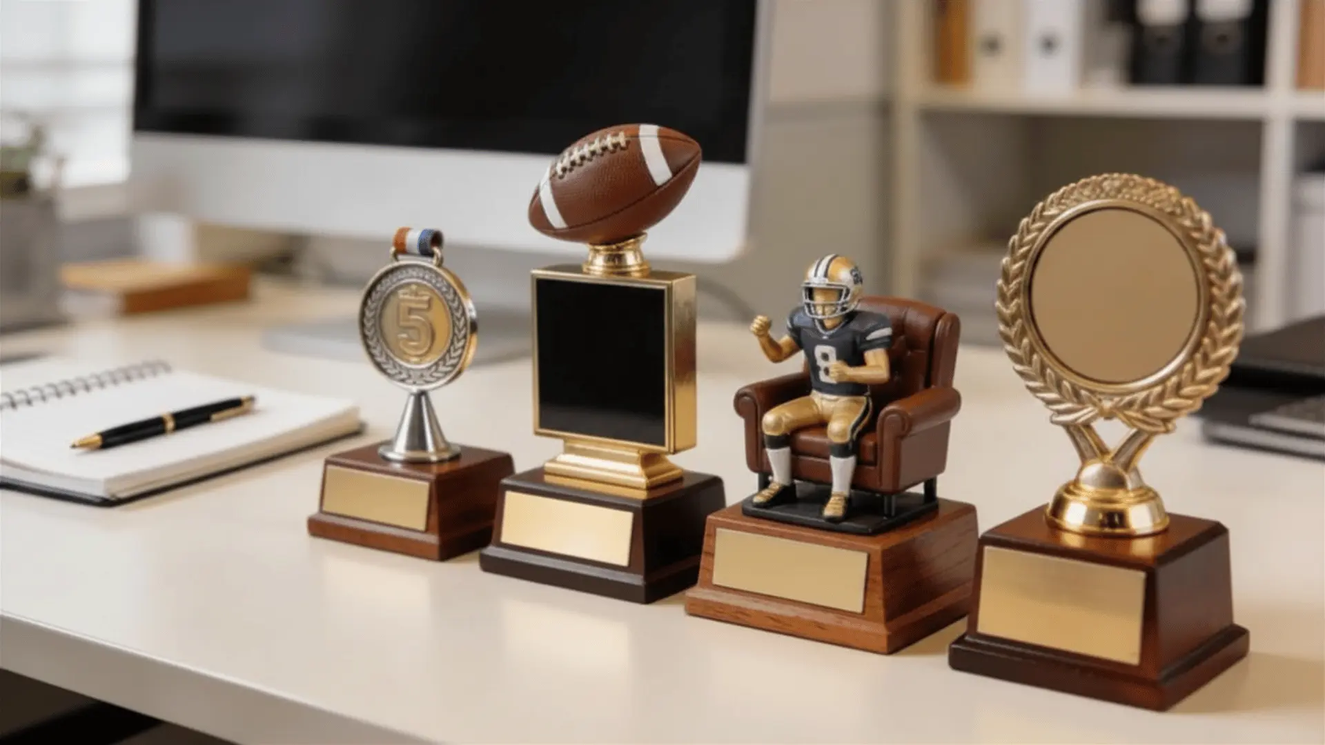 special fantasy football trophies on desk