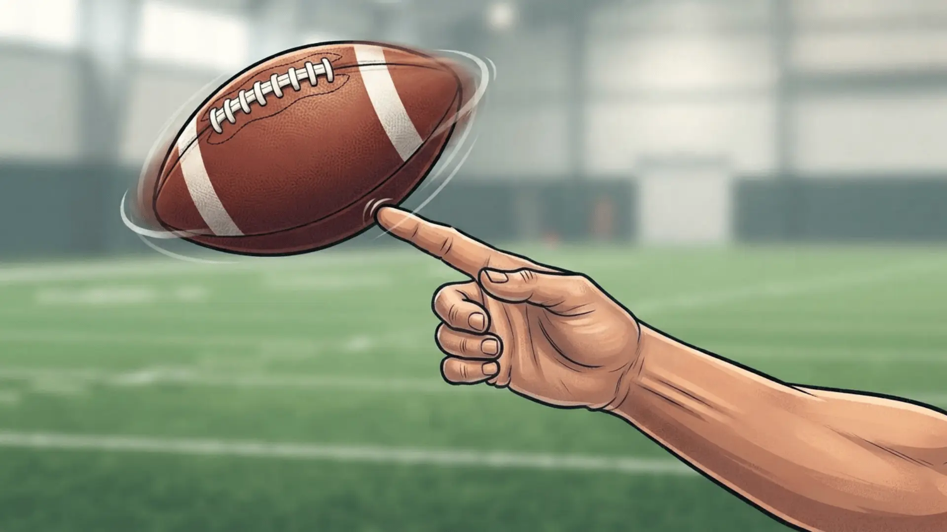 a close view shows a hand spinning a football on one finger over a blurred indoor turf field