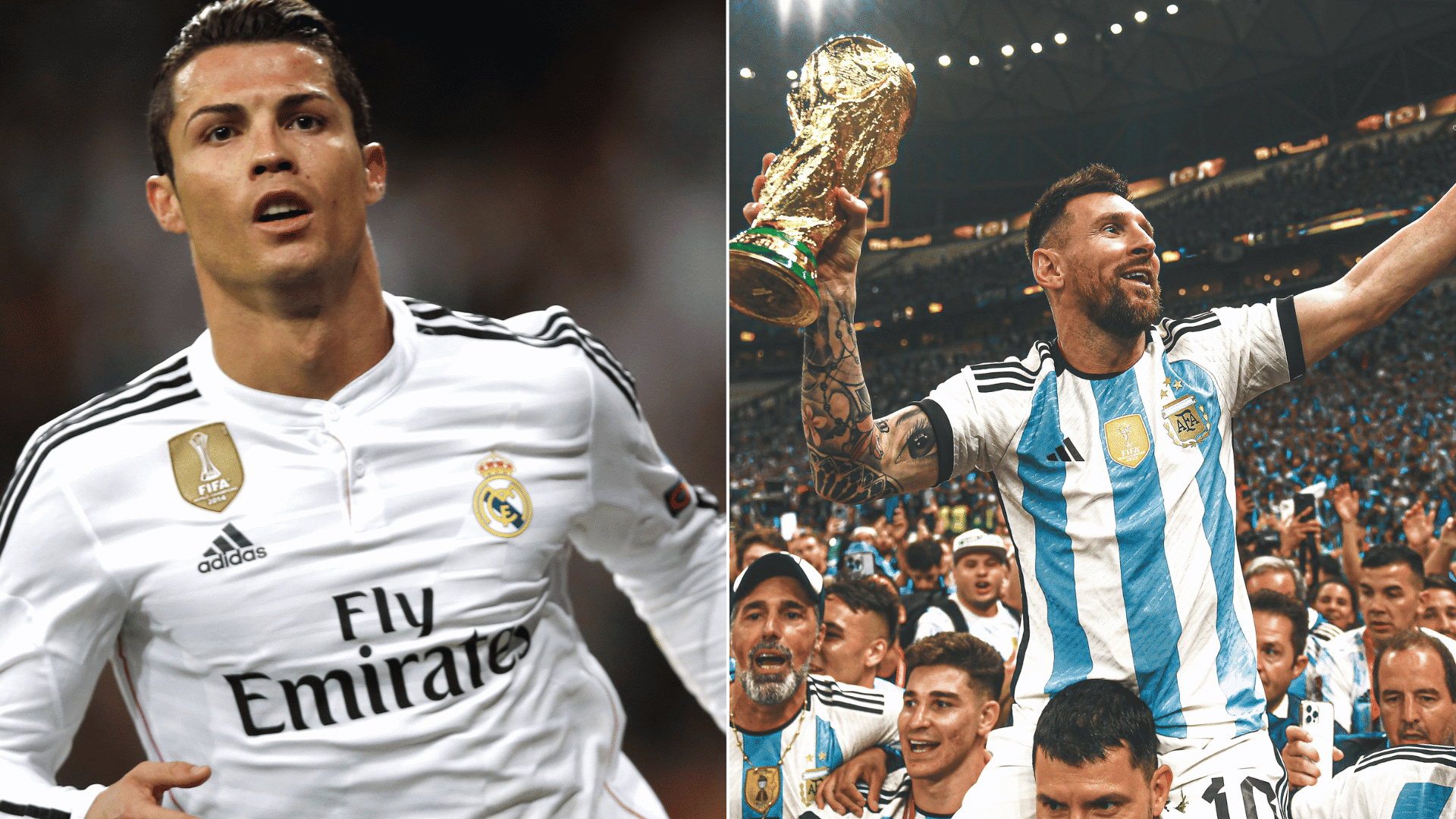 split image to commemorate the legends with ronaldo on the left and messi on the right holding the fifa world cup