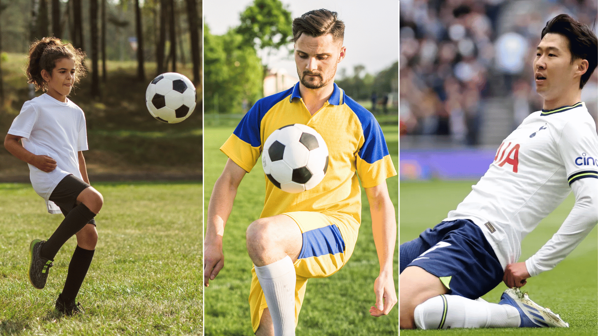 split photo showing a young girl an adult man and a professional soccer player controlling footballs during outdoor play
