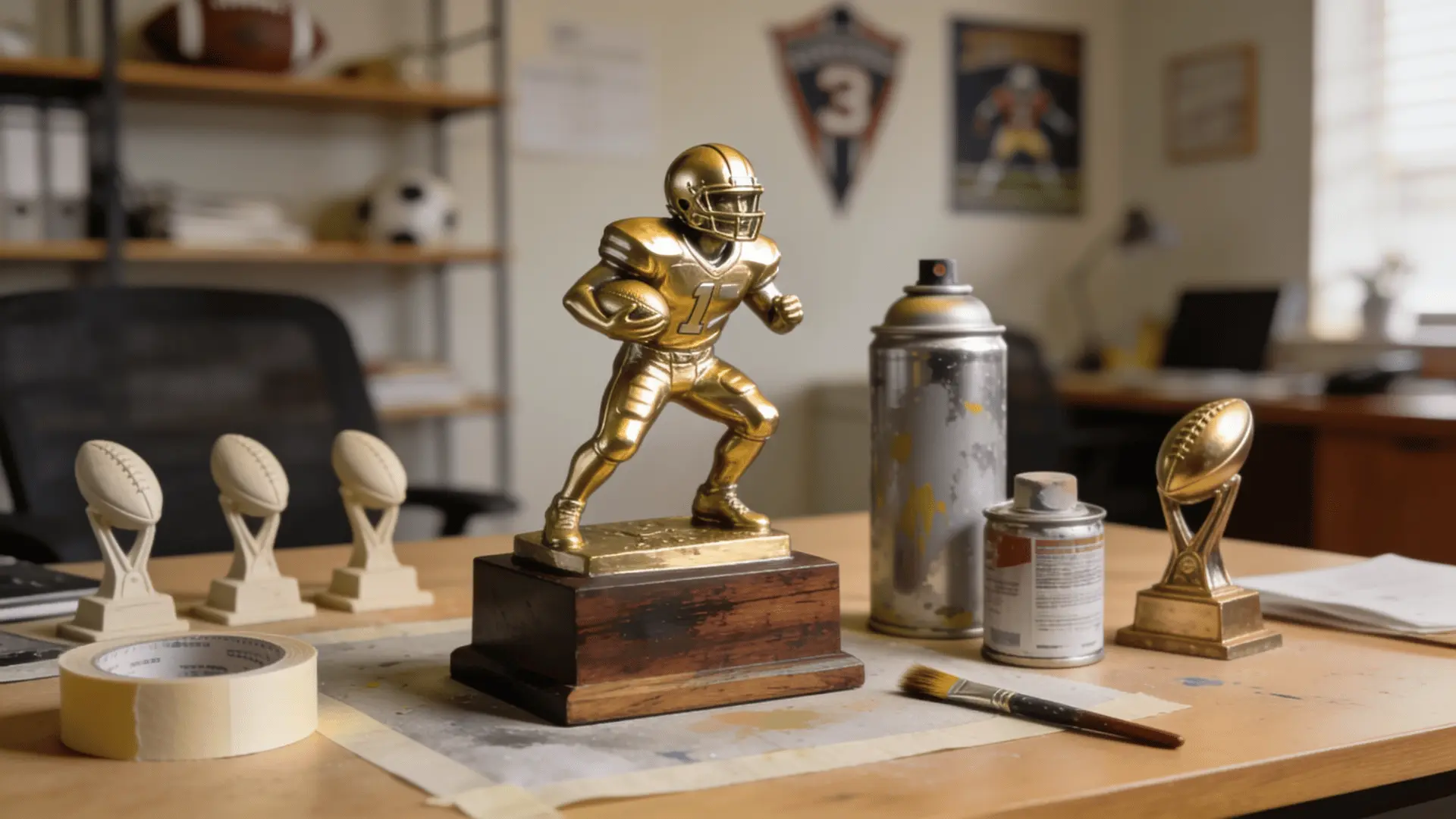 painted fantasy football trophy on desk