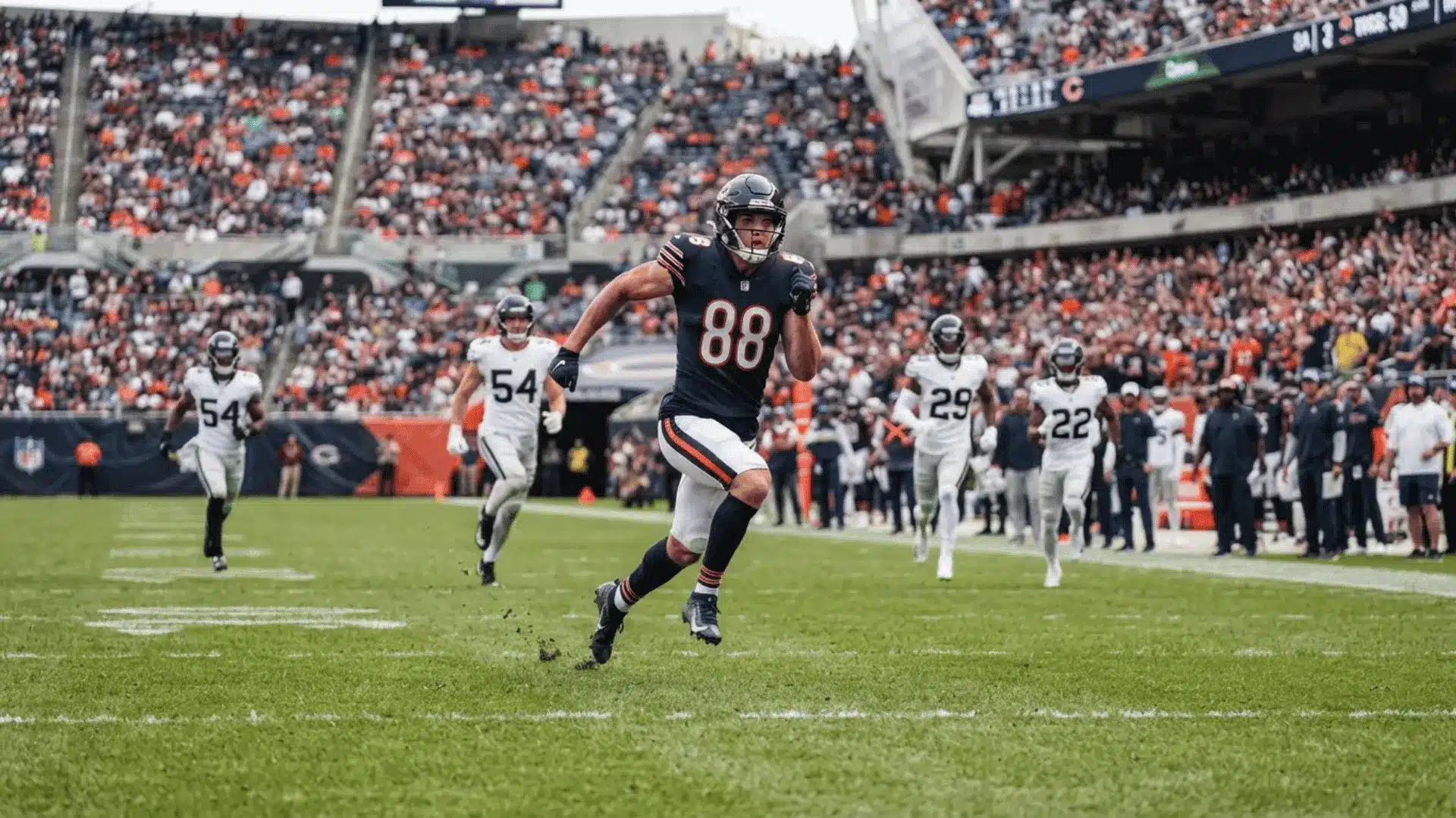 a football player in a black uniform sprints down the field while defenders in white chase in front of a packed stadium