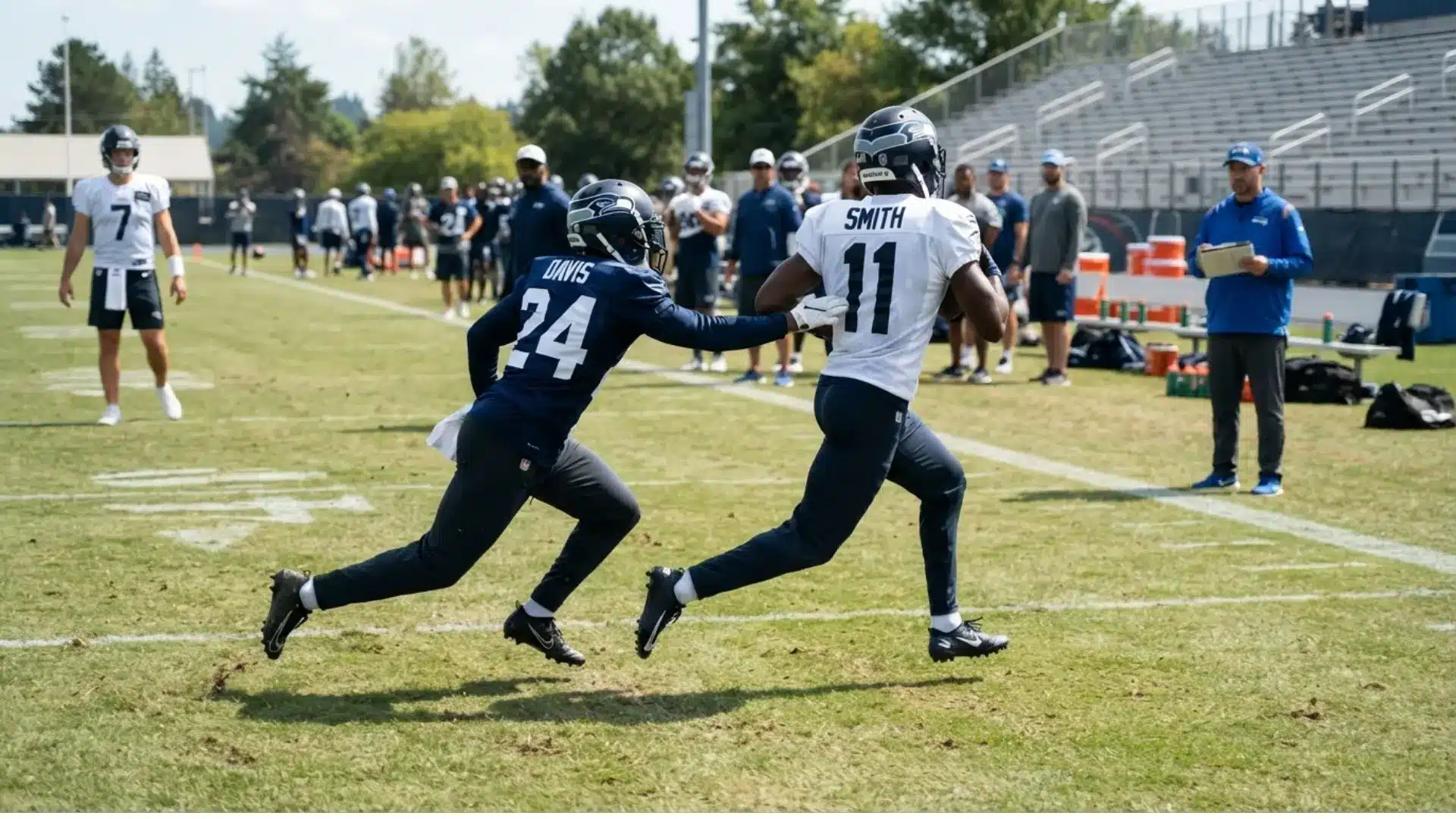 receiver stacks the defender during a go route drill while creating space for a deep throw