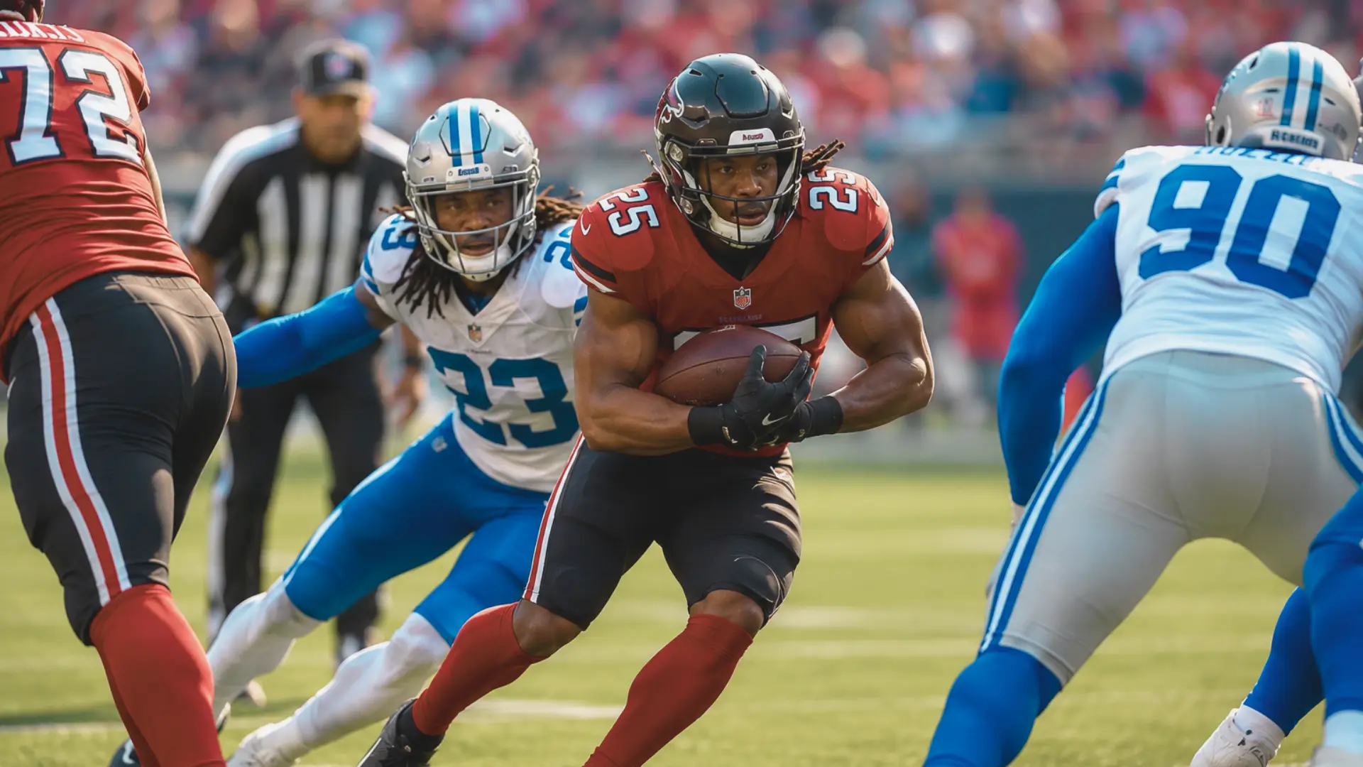 running back grips the football while cutting between defenders during a bright fantasy football game day play