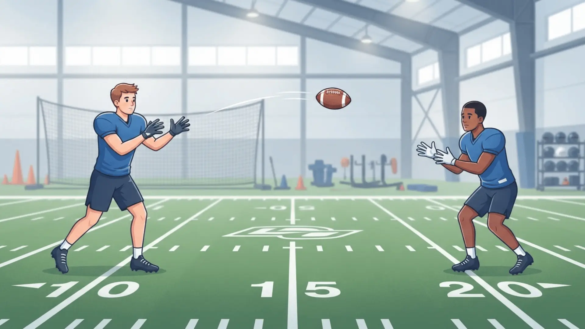 two football players in blue shirts practice passing on an indoor turf field with the ball midair