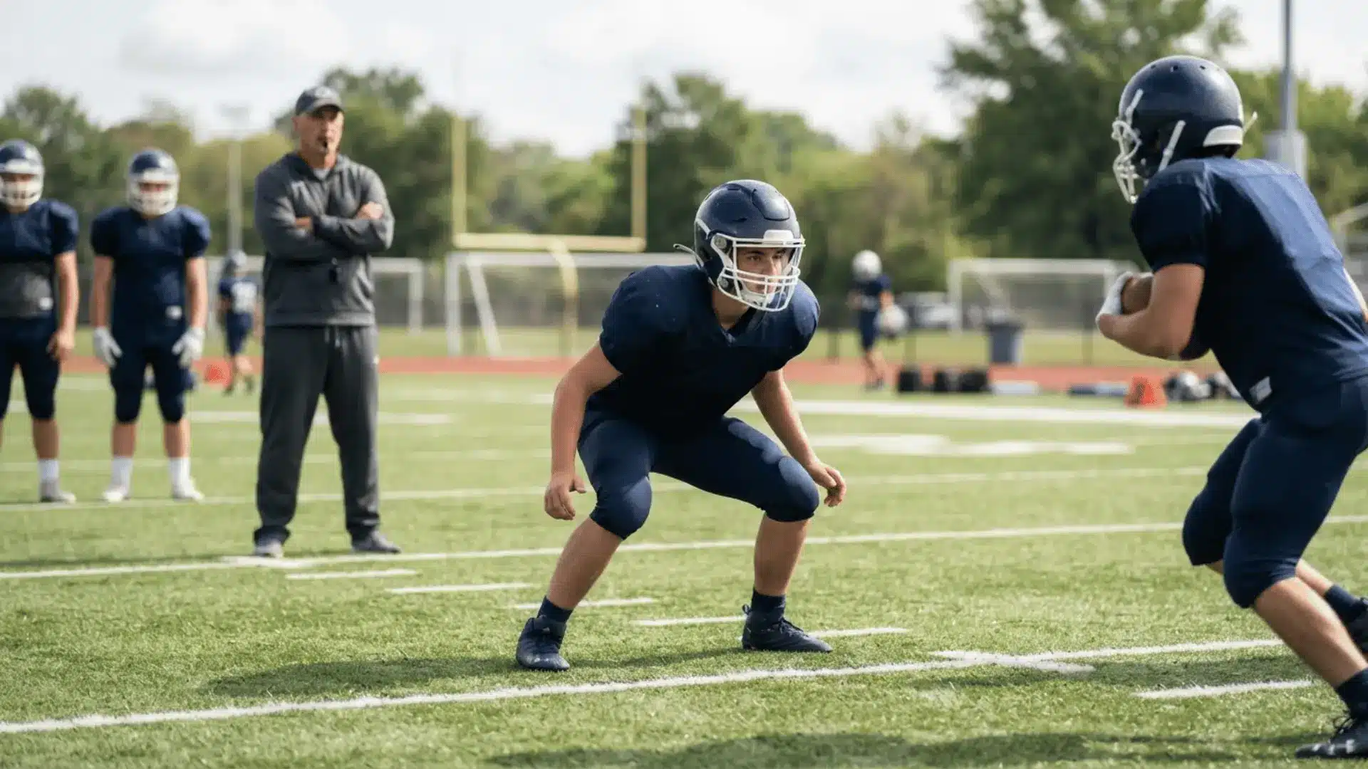 football player in safe tackling stance with knees bent chest up and eyes forward during outdoor practice