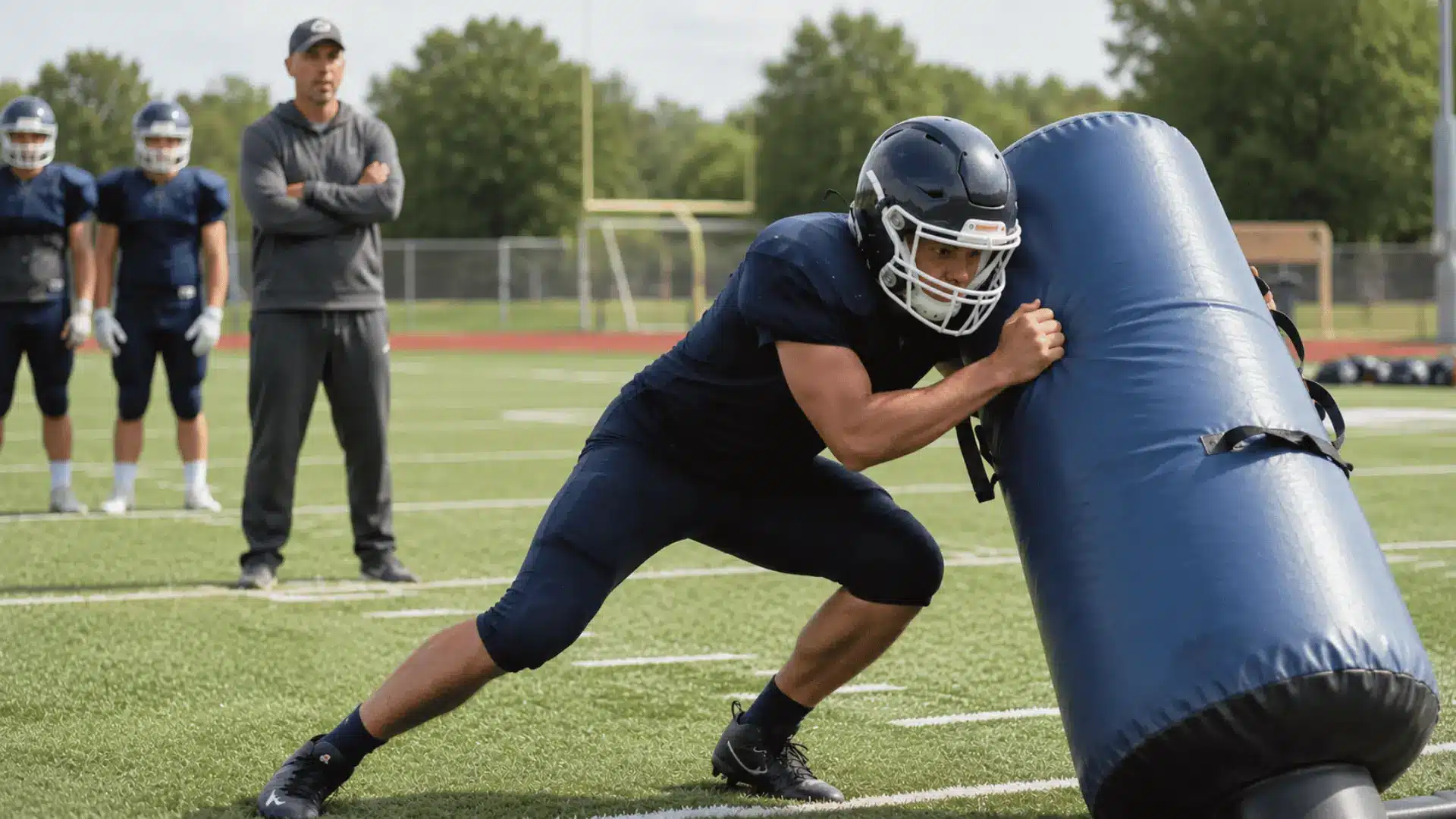 defender making safe shoulder contact on a padded dummy with head out and eyes up during practice