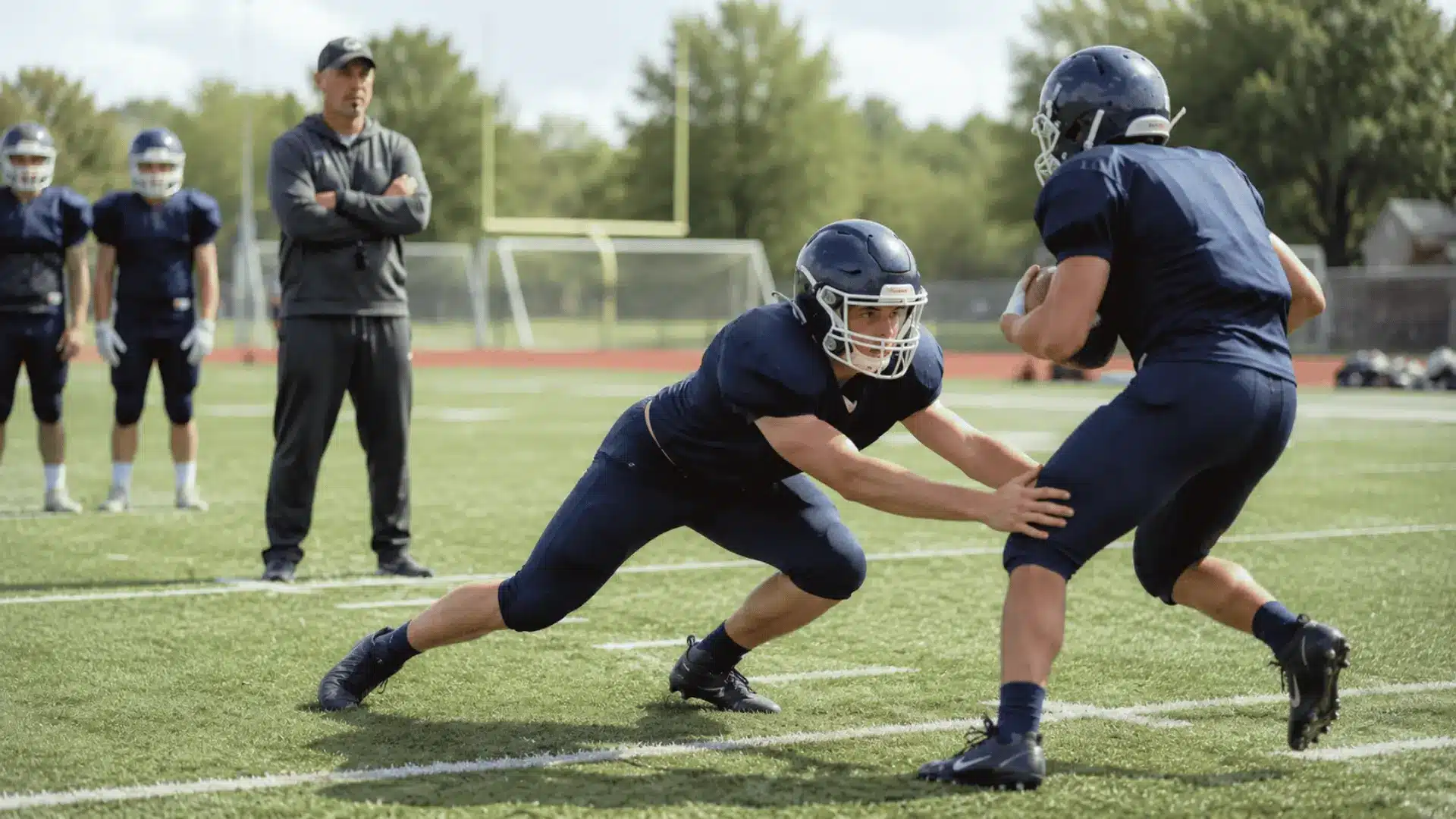 defender aiming low at the ball carriers hip area during a controlled football tackle drill on turf