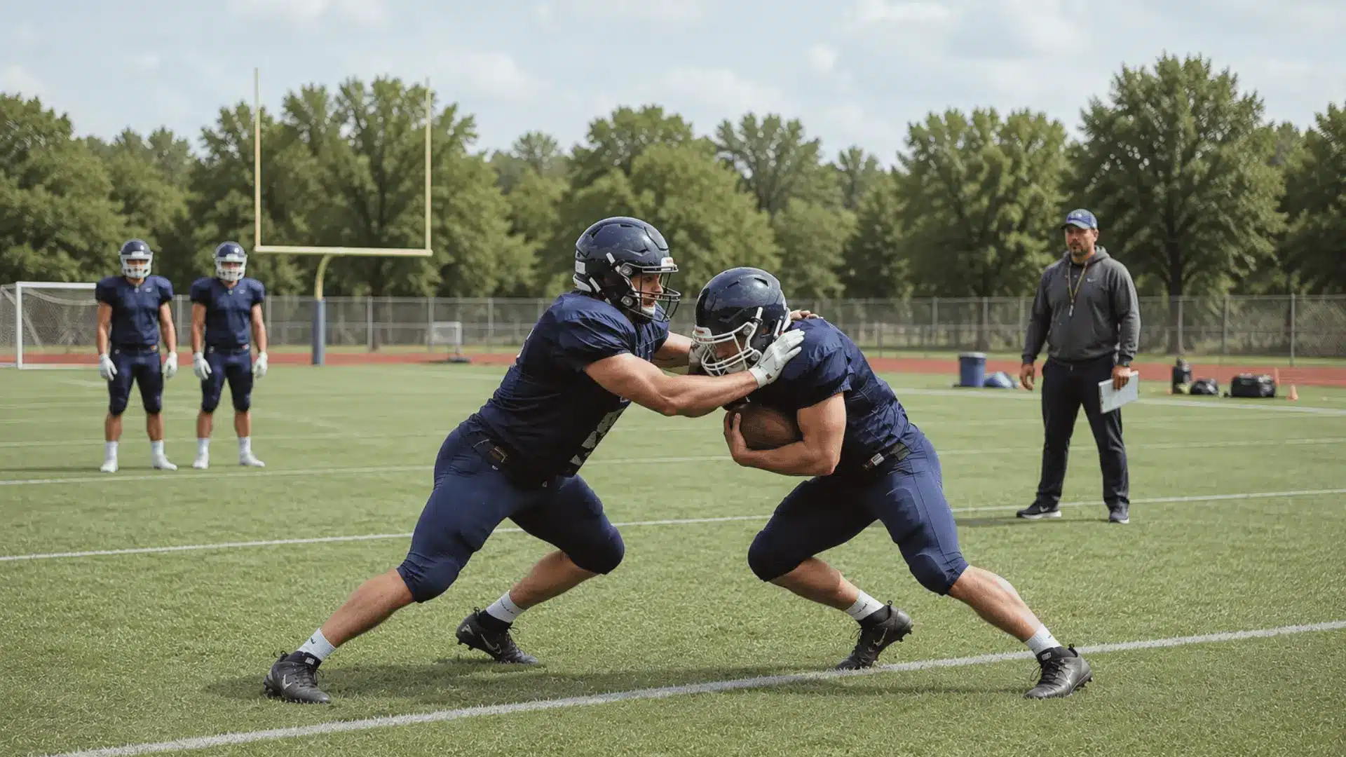 coach guiding two football players as one defender practices safe shoulder contact during a drill