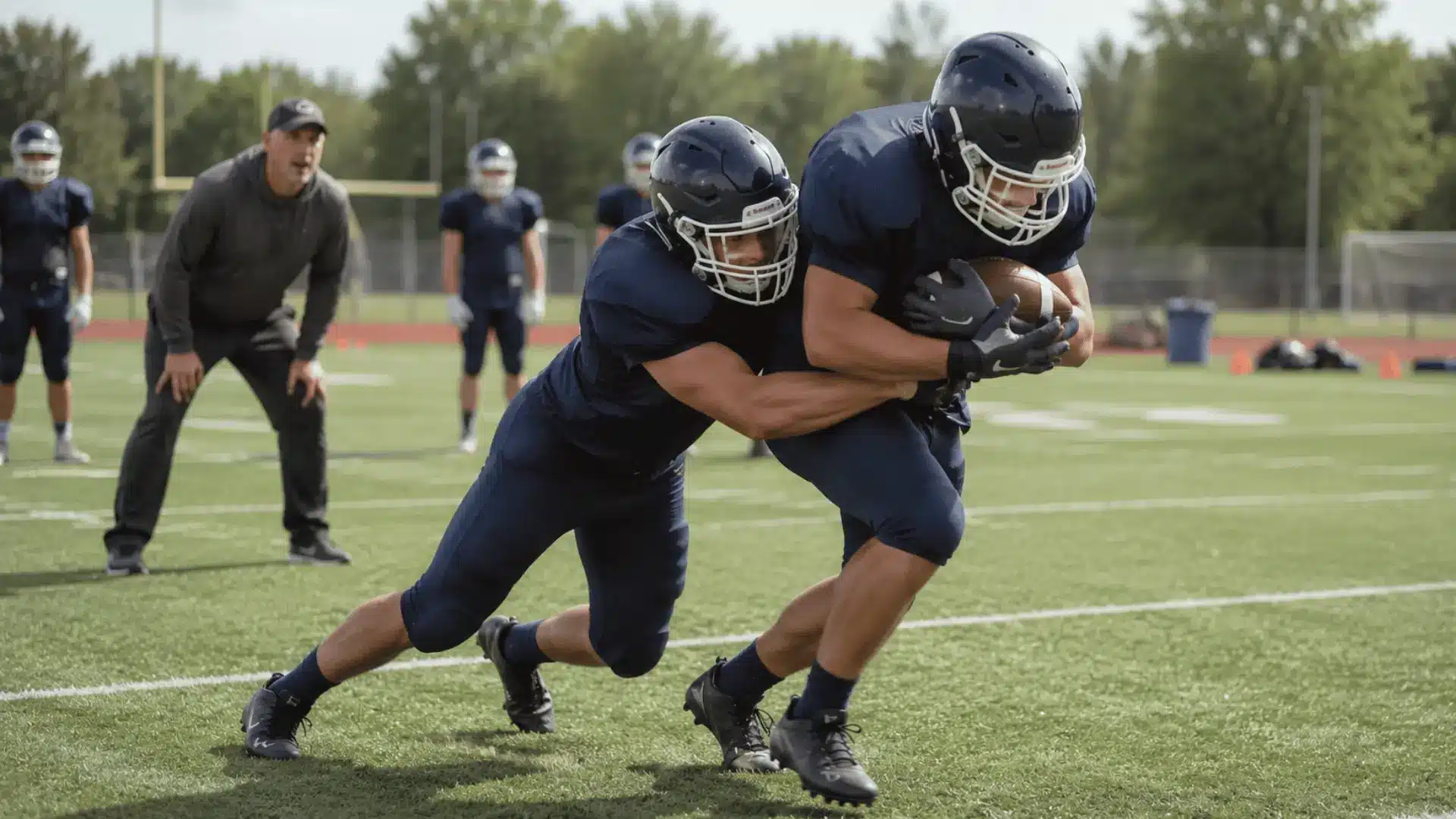 football defender wrapping both arms around a ball carrier during a controlled tackle drill on turf
