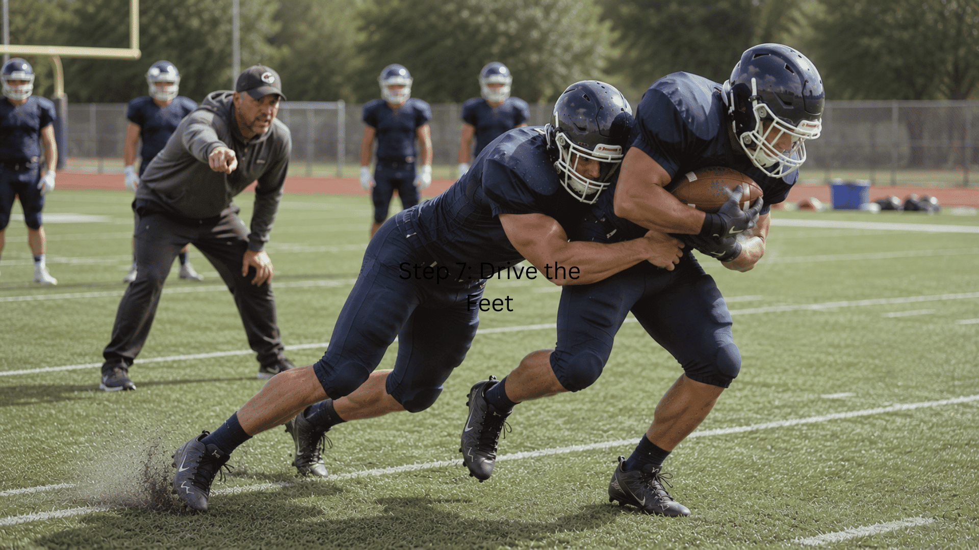 two football players driving through contact with short steps during a controlled tackle drill