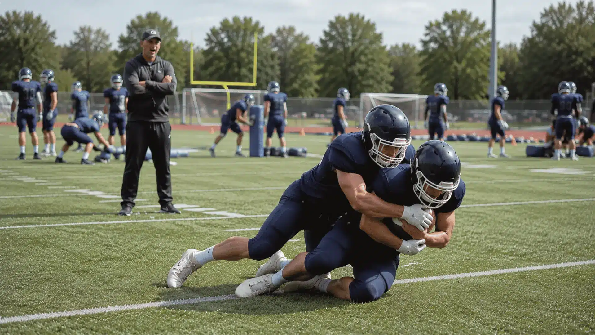 football defender finishing a safe controlled tackle while coach watches from the background