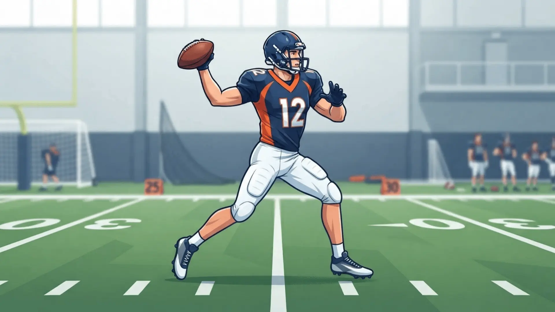a quarterback in a navy and orange jersey runs on an indoor field while preparing to throw a football