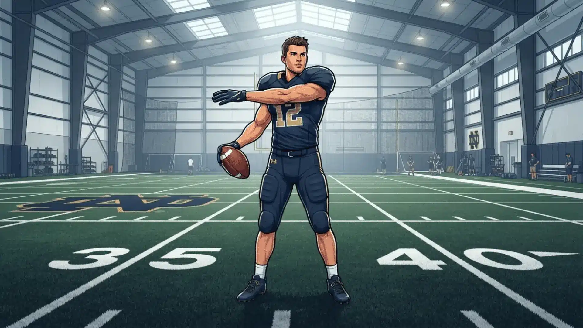 player in a navy uniform stretches one arm across his chest while holding a ball indoors