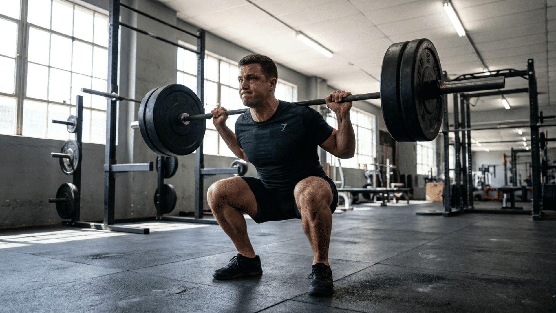 strong athlete performing a heavy barbell back squat at parallel depth inside a gym