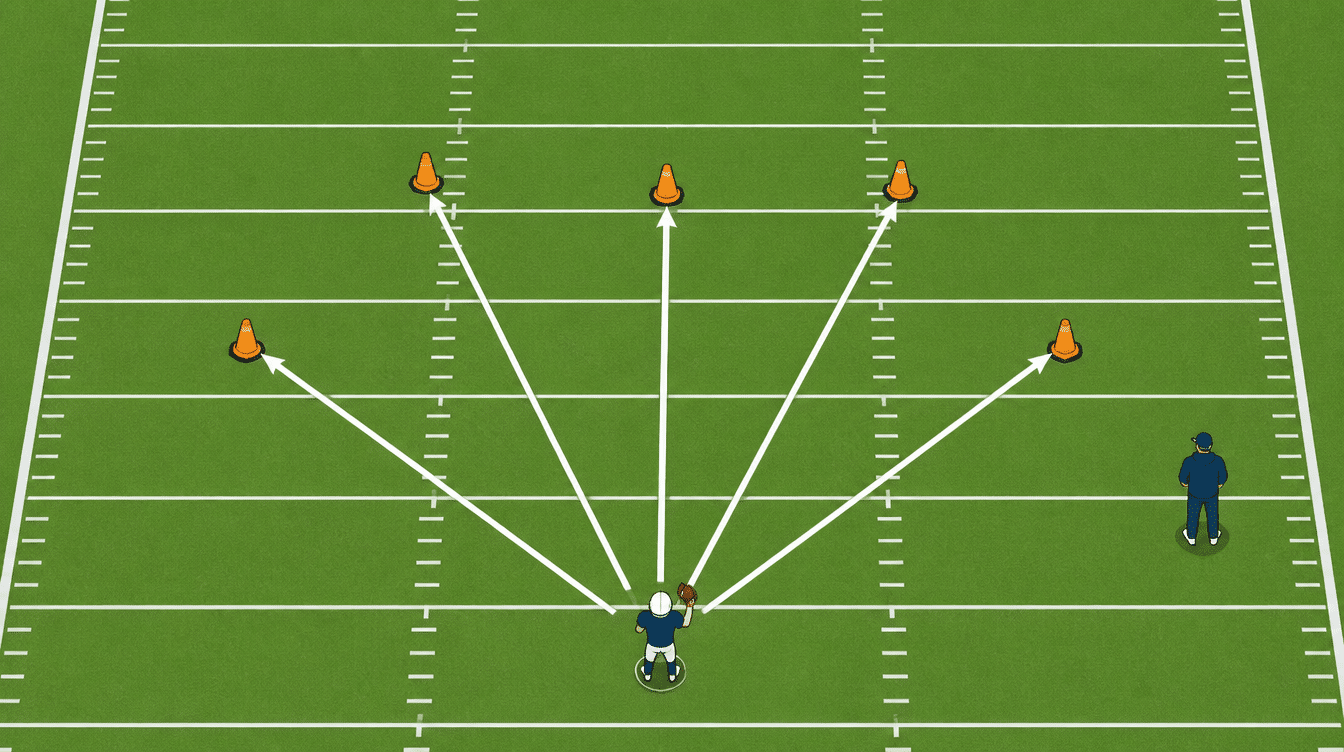 young quarterback aiming short passes at cone targets during football practice