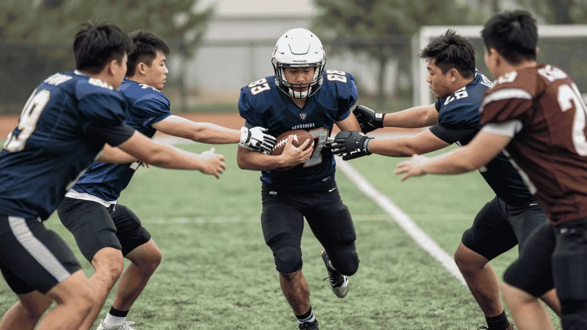 football players running through a close contact gauntlet drill while protecting the ball under pressure