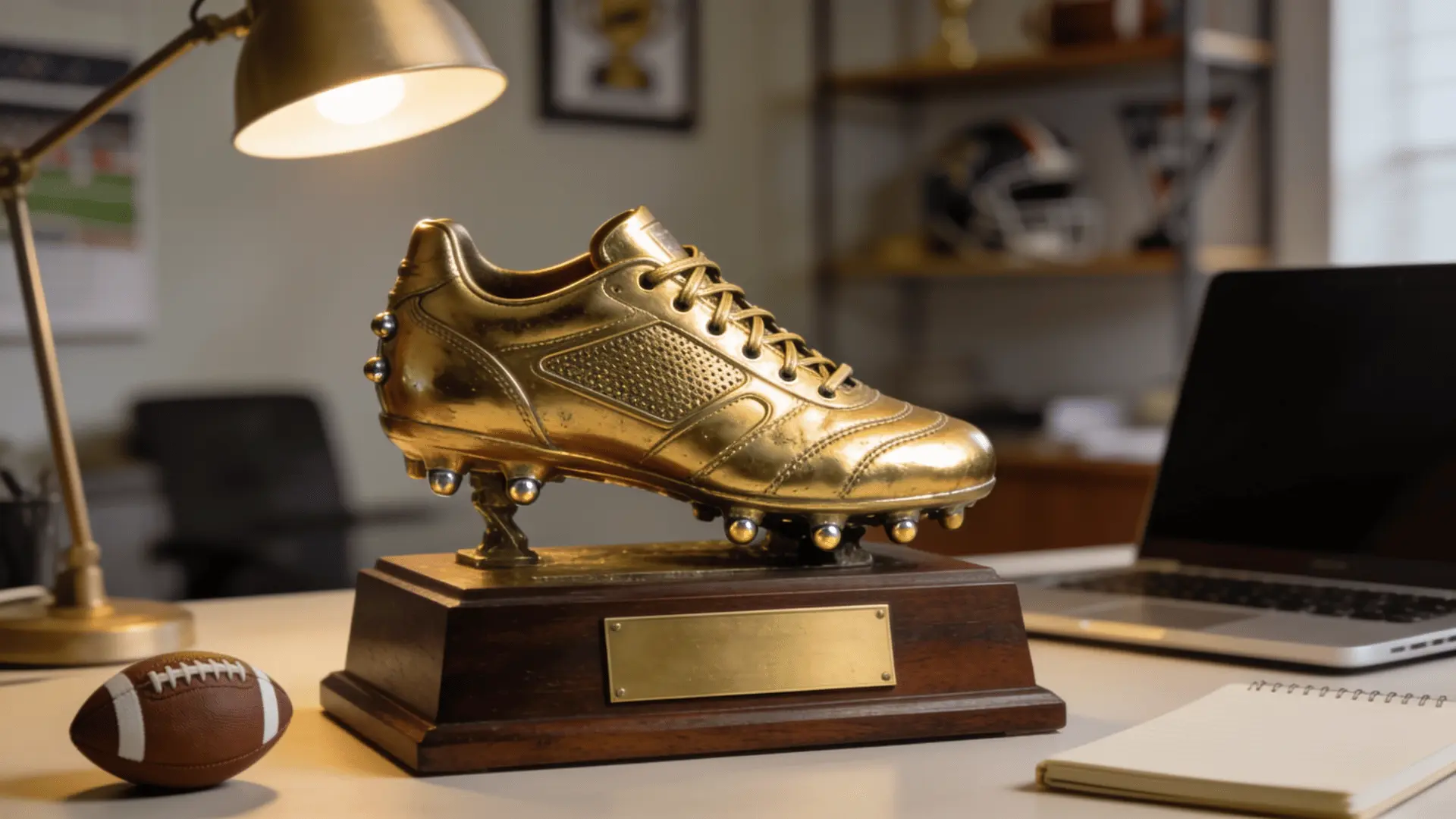 golden cleat fantasy football trophy on desk