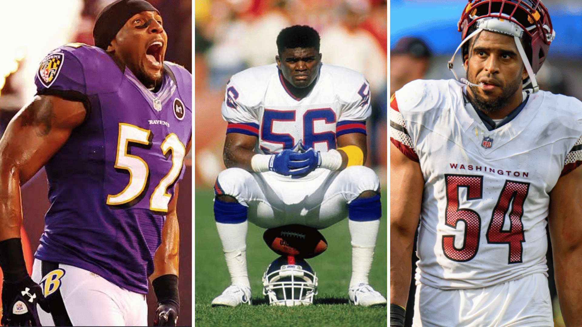 three football players in different uniforms purple fifty two shouting white fifty six sitting on helmet white fifty four focused