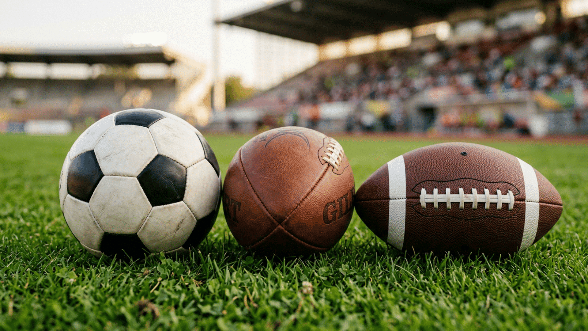 three footballs on grass a soccer ball a rugby ball and an american football side by side