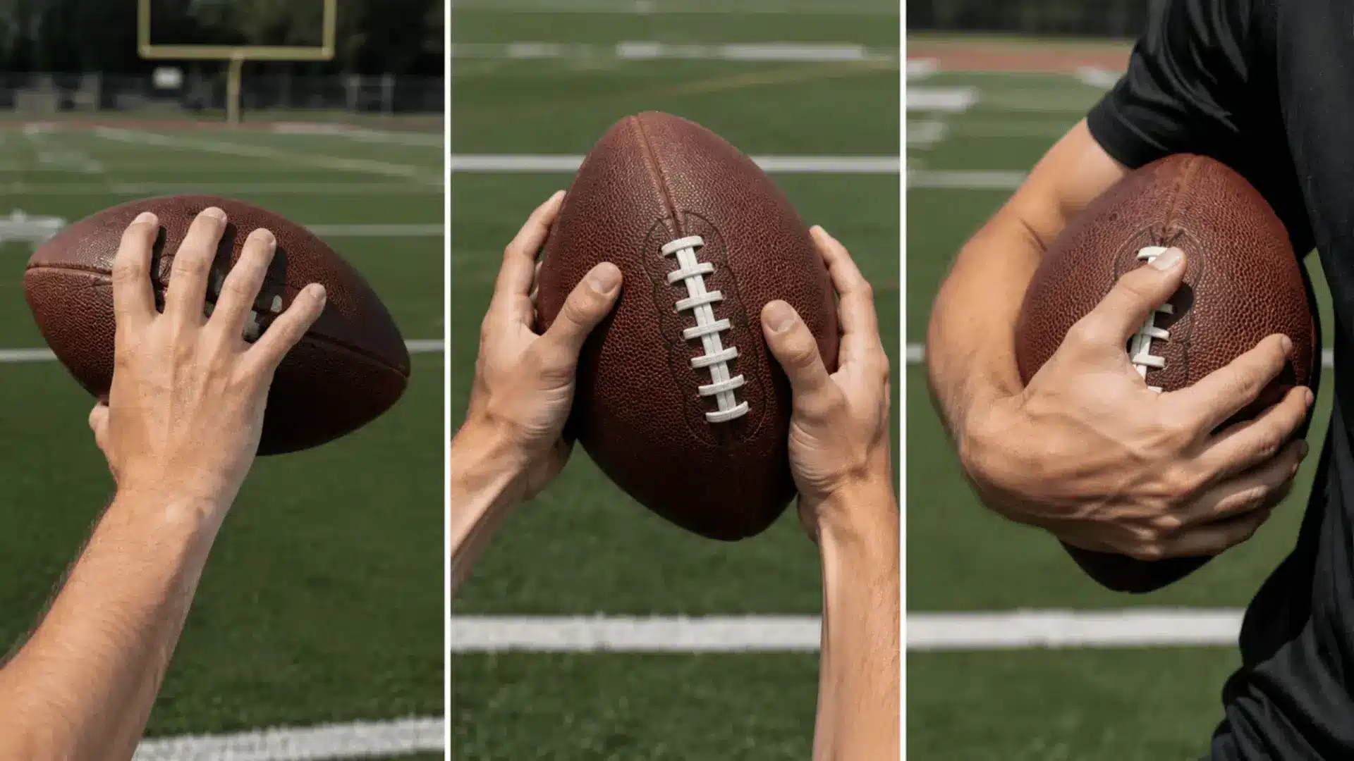 three panels showing a football throwing grip catching grip and carrying grip against the body