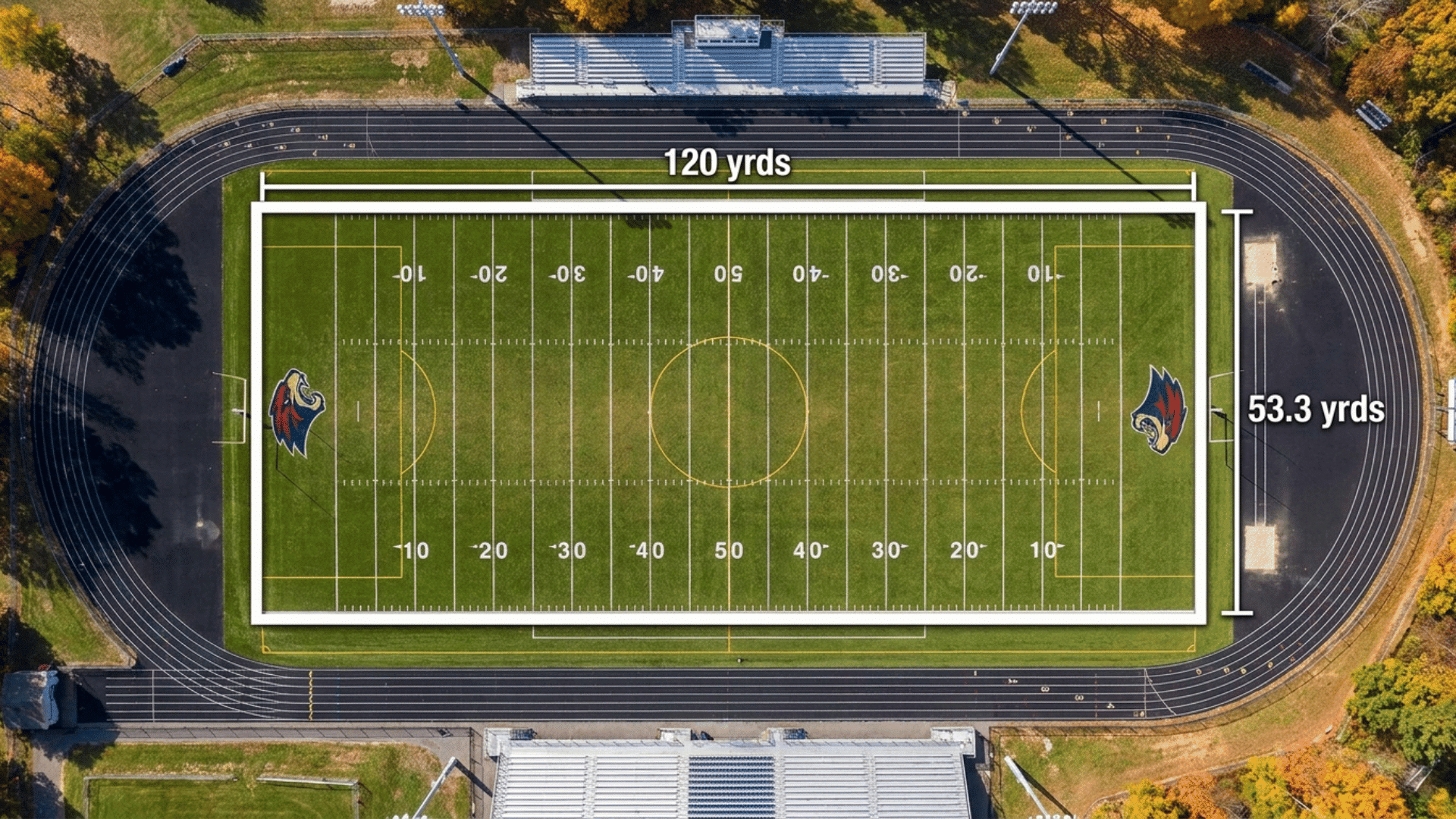 top aerial view of a full american football field showing its dimensions