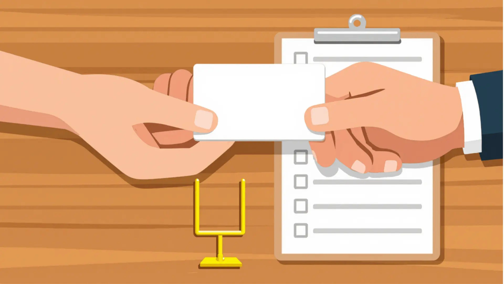 sleek vector art of hands exchanging a blank card over a desk with a miniature goalpost and clipboard