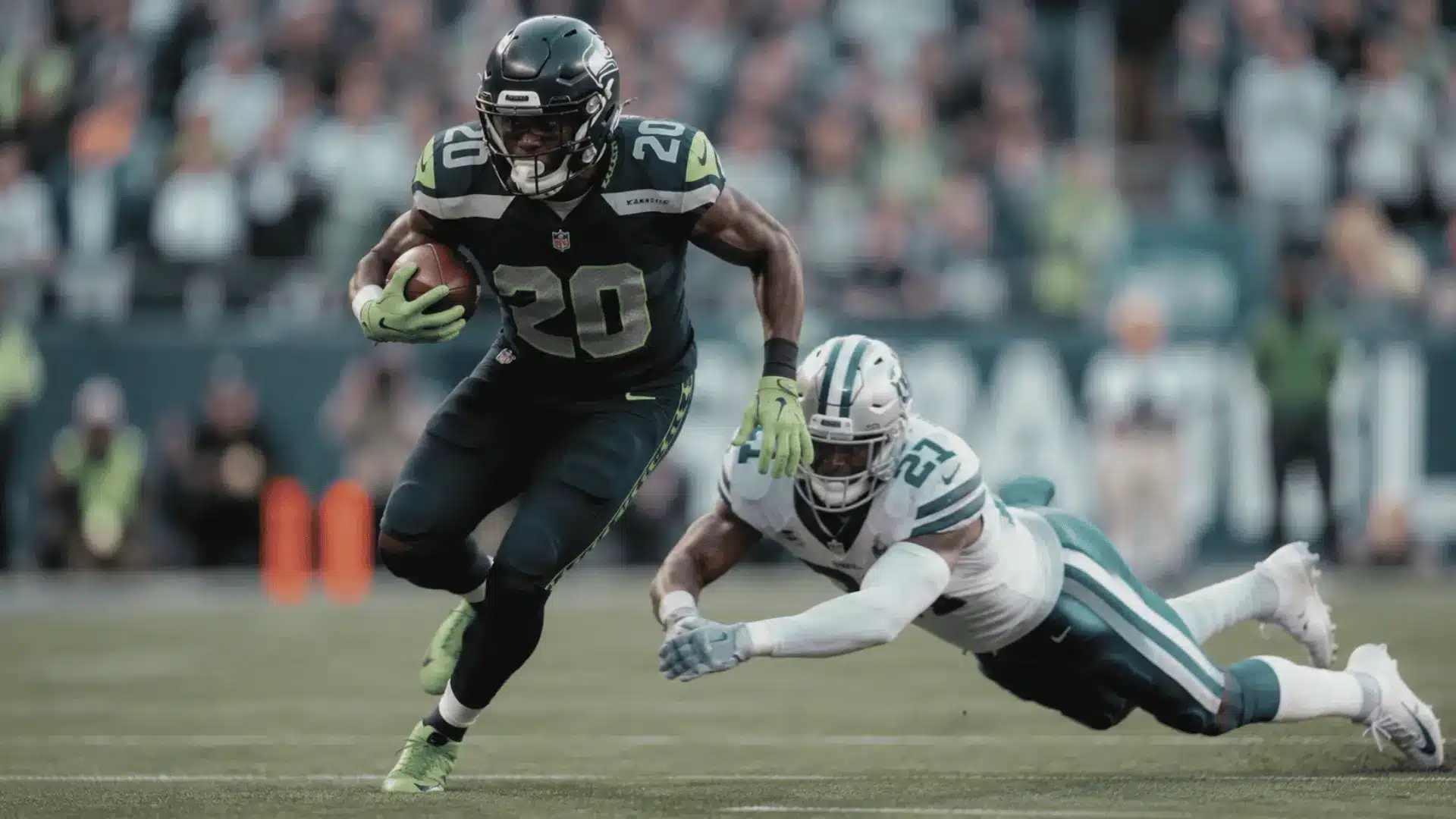 a player runs with the football while a defender dives during fantasy football action