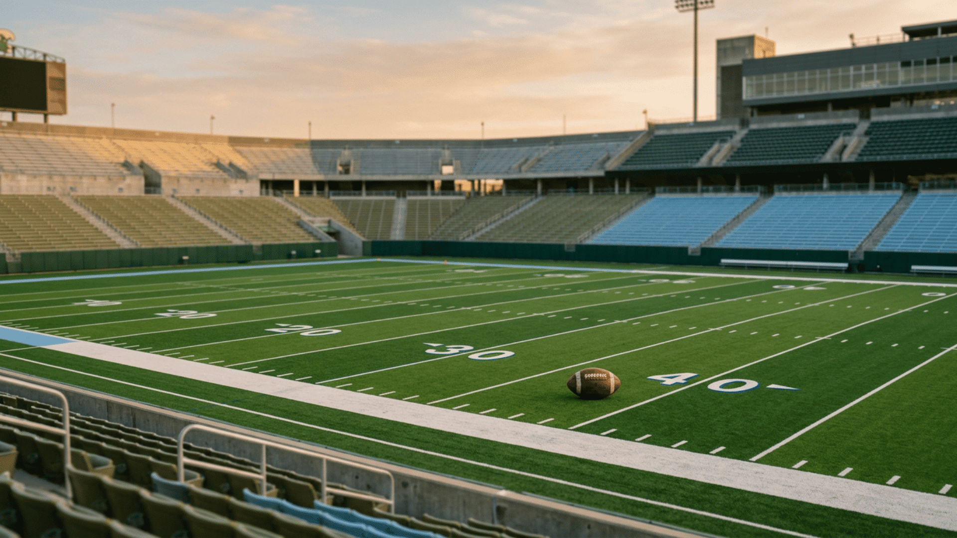 tulane football resting on green turf in an empty stadium at golden hour with no people around