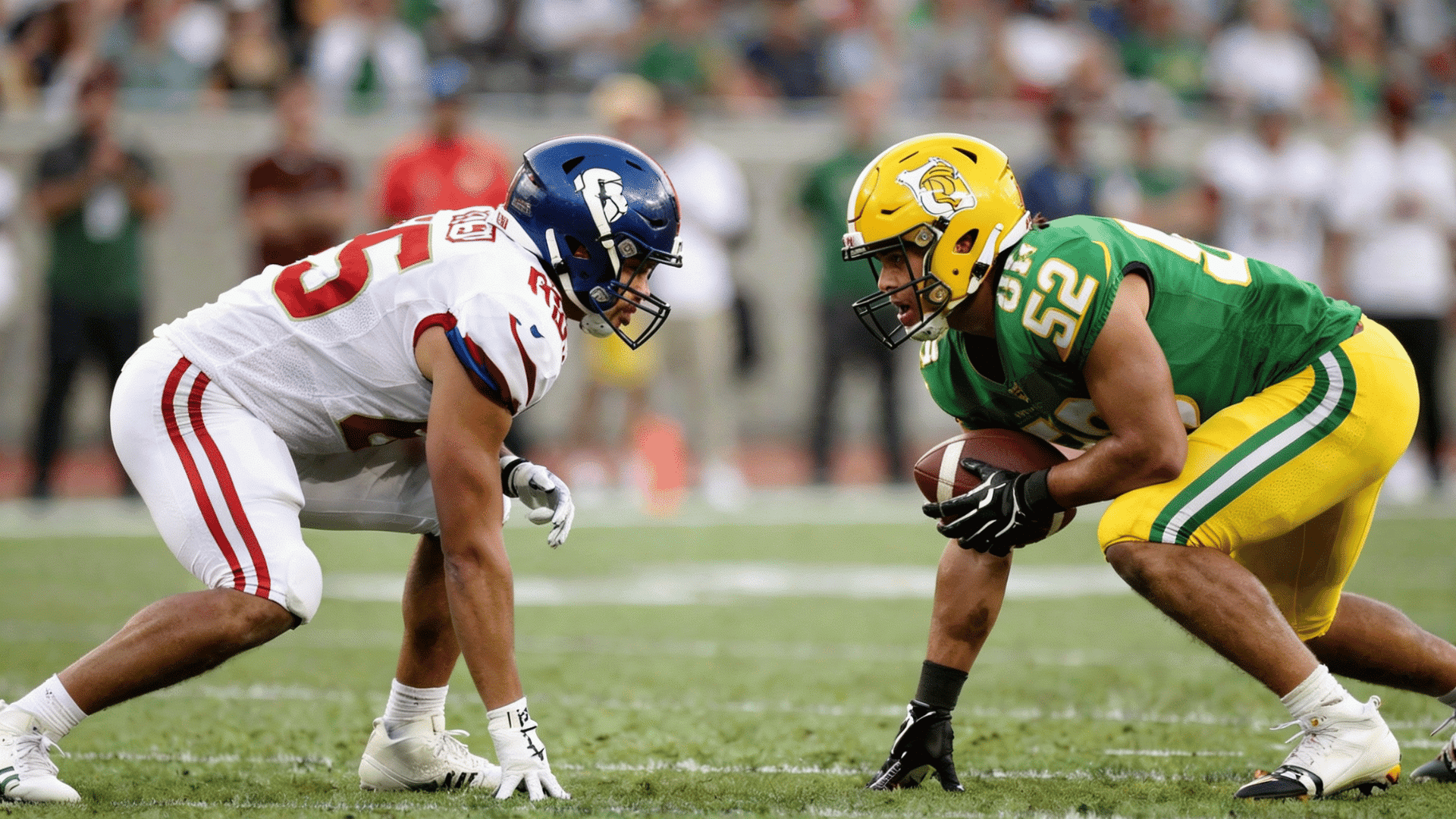two football players in uniform one in white the other in green facing each other on a football field